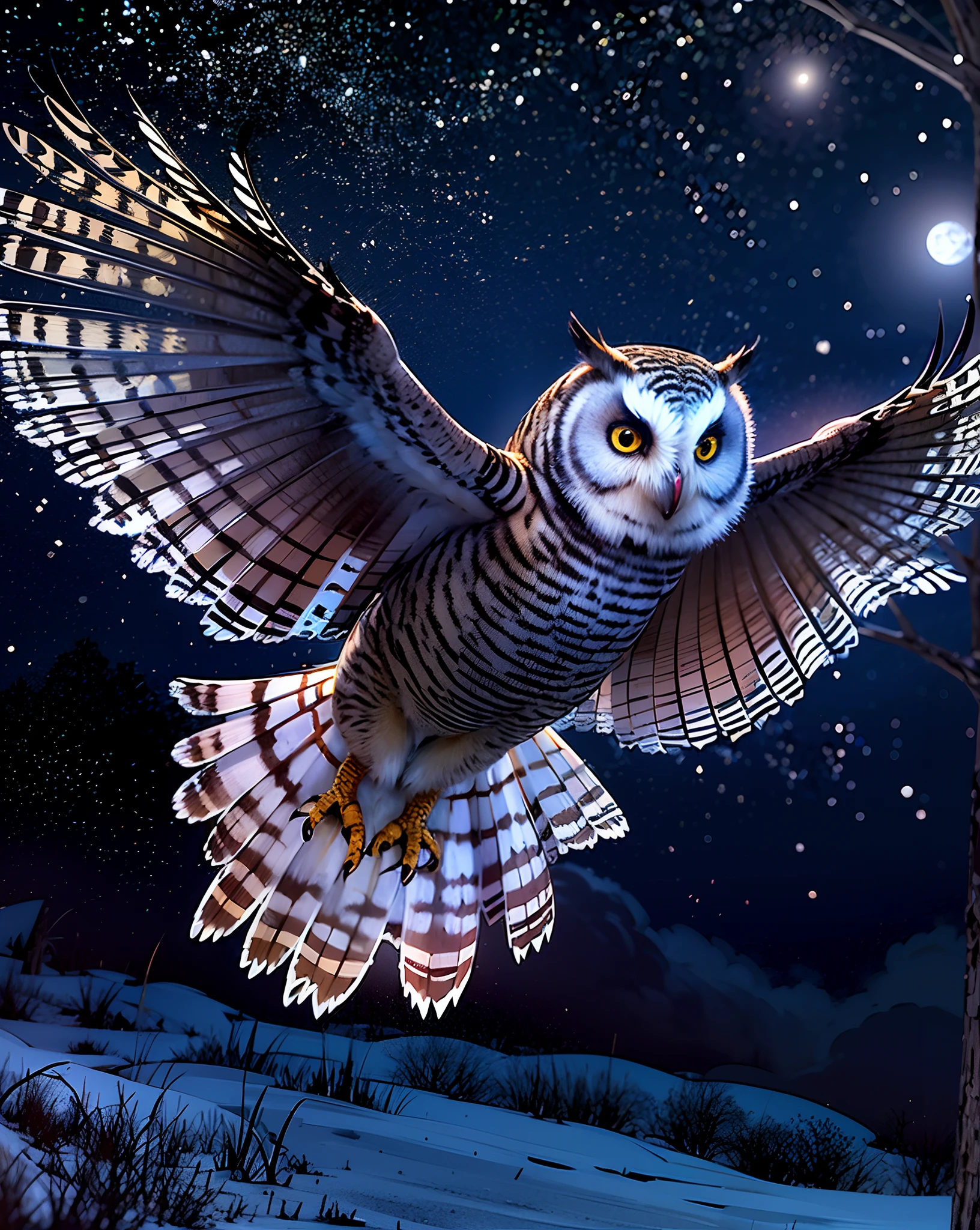A mesmerizing night scene featuring a majestic owl in flight under the moonlight. The serene beauty of the night sky and the owl's graceful presence create a captivating image. High-resolution image, deep blue night sky, twinkling stars, silvery moonlight, majestic owl, golden eyes, graceful flight, peaceful and mysterious atmosphere, night guardian, nature's beauty.