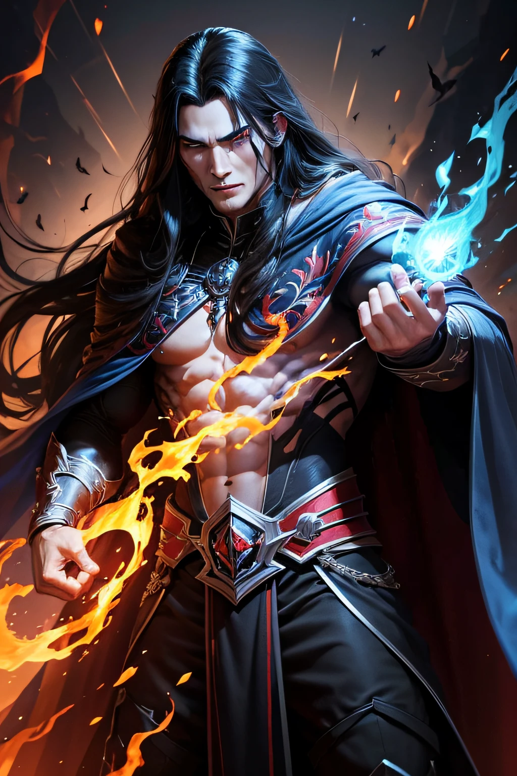 dark muscular male evil lord with long black hair, black and red cloak holding a fire ball