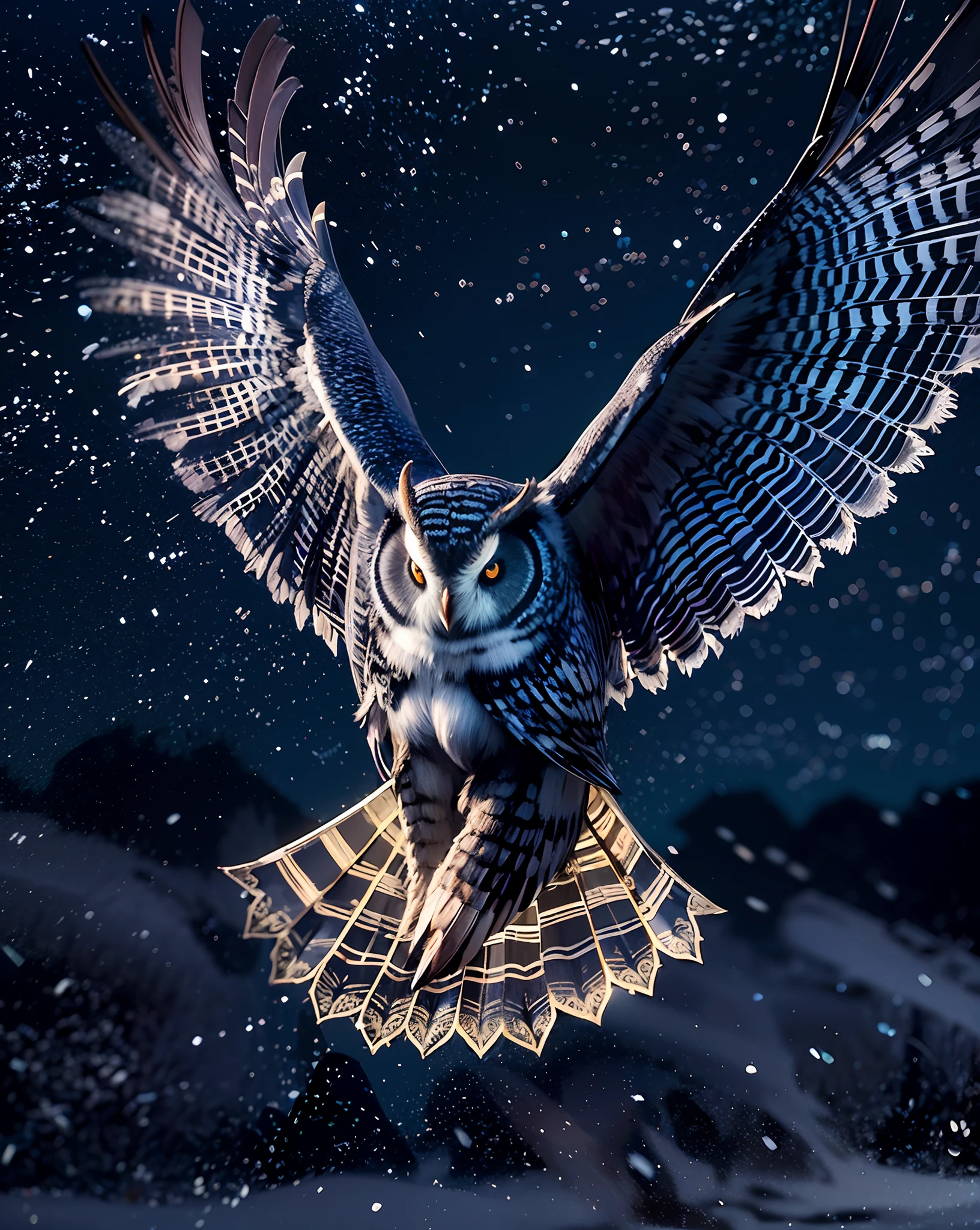 A mesmerizing night scene featuring a majestic owl in flight under the moonlight. The serene beauty of the night sky and the owl's graceful presence create a captivating image. High-resolution image, deep blue night sky, twinkling stars, silvery moonlight, majestic owl, golden eyes, graceful flight, peaceful and mysterious atmosphere, night guardian, nature's beauty.