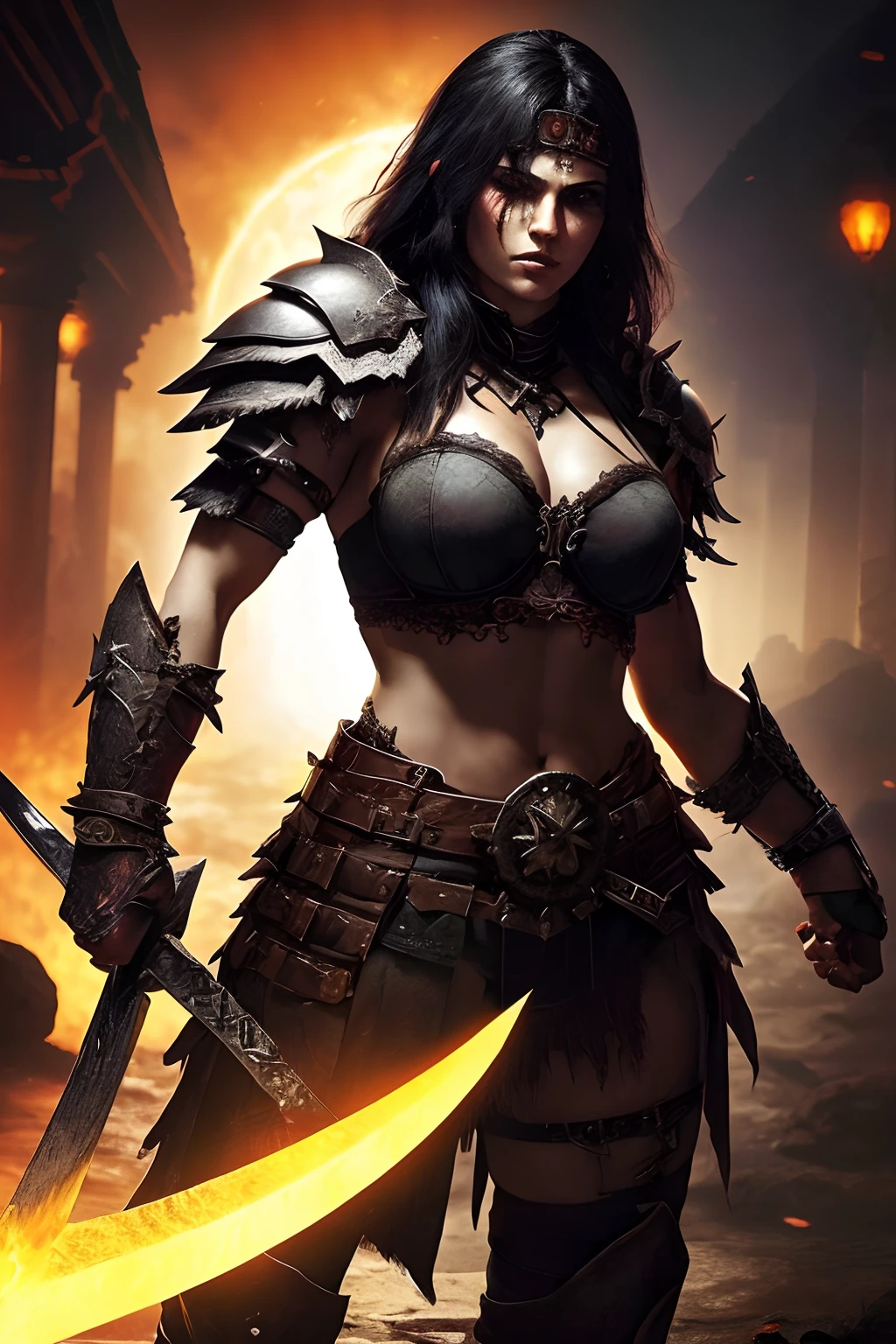 《Diablo 4》A fierce female thief in dark leather armor, Her agile figure blends in with shadows, Wield a double dagger,With lethal precision. She passionately fights a group of demonic creatures, Black and white glow from ((The razor's cage binds the heart)) A necklace as big as her chest hung around her neck. The necklace beats with ominous energy, When she fights the dark forces in the desolation,Her face cast an eerie light, apocalyptic landscape.The razor's cage binds the heart, Critical damage dealt and all subsequent damage will be absorbed by the target。subsequently, Absorb damage,Fiercely attack the surrounding enemies。