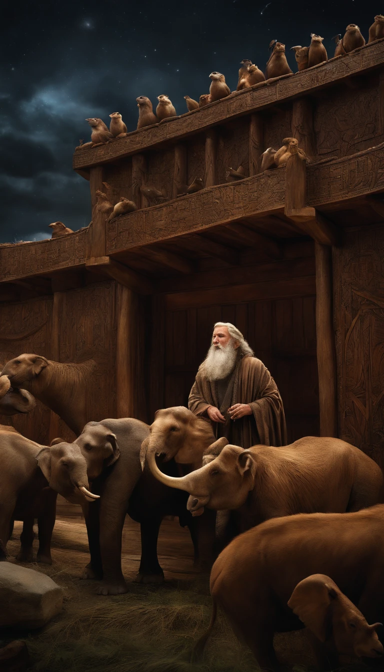 closeup on Noah next to the ark, Dark sky and many animals around the ark, ultrarrealista | |