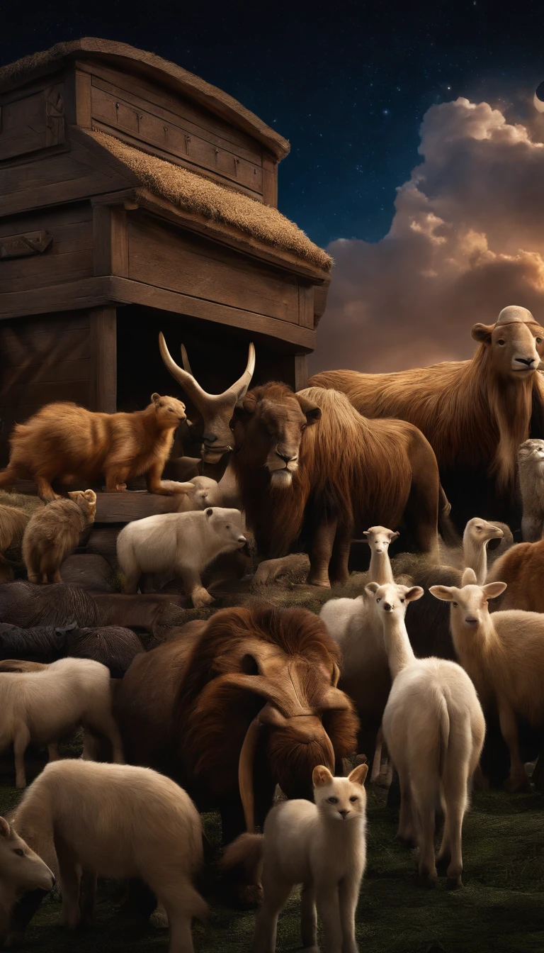 closeup on Noah next to the ark, Dark sky and many animals around the ark, ultrarrealista | |