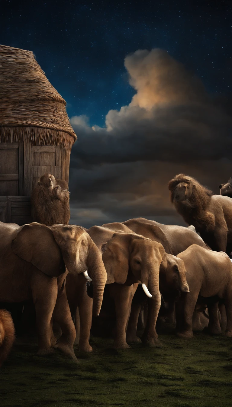 closeup on Noah next to the ark, Dark sky and many animals around the ark, ultrarrealista | |