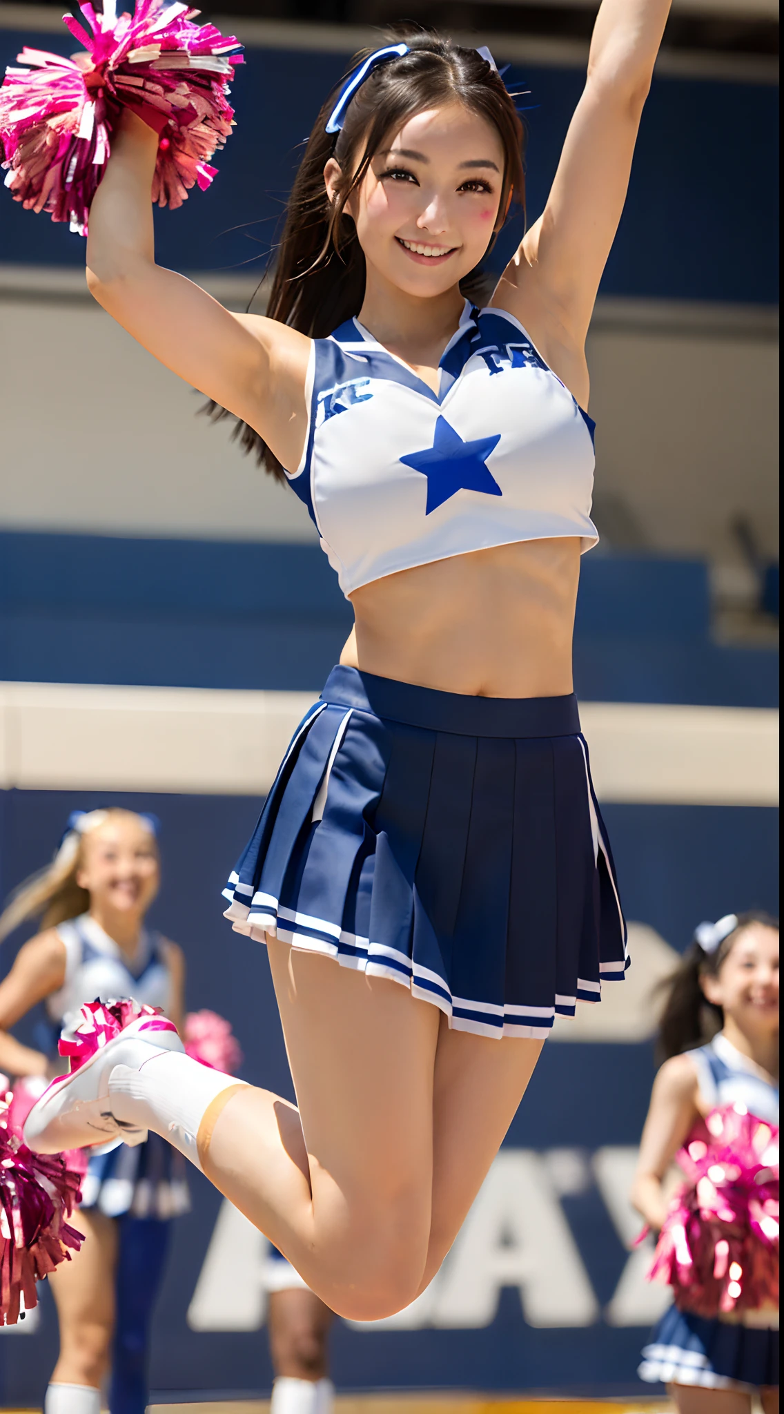 (8K, 超A high resolution, Best Quality, masutepiece:1.1),(18year old:1.1)、in 8K、RAW portrait of japanese girl、Photorealsitic、超A high resolution、top-quality、hi-school girl、(Cheerleading Club、Cheerleader Uniforms、T-back visible、quite massive chest、Pretty big breasts、Show the armpits、toned body、Kick one leg straight up quite large:1.5)(Black hair straight long hair、、Japan Cute Woman:1.2)、Cute smile、espadrilles、High School Lawn Ground
