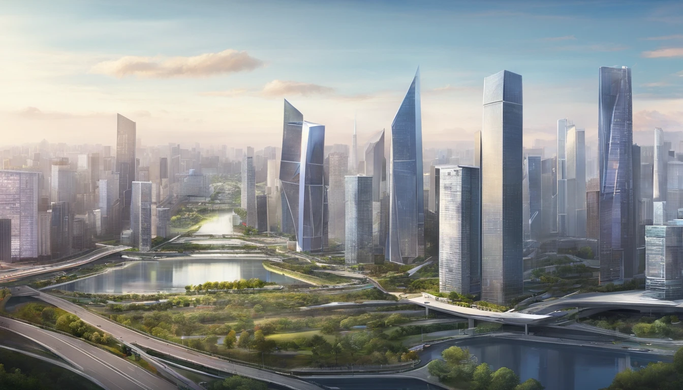 超高分辨率,Panoramic aerial view of the city,parks,beltway,Traffic