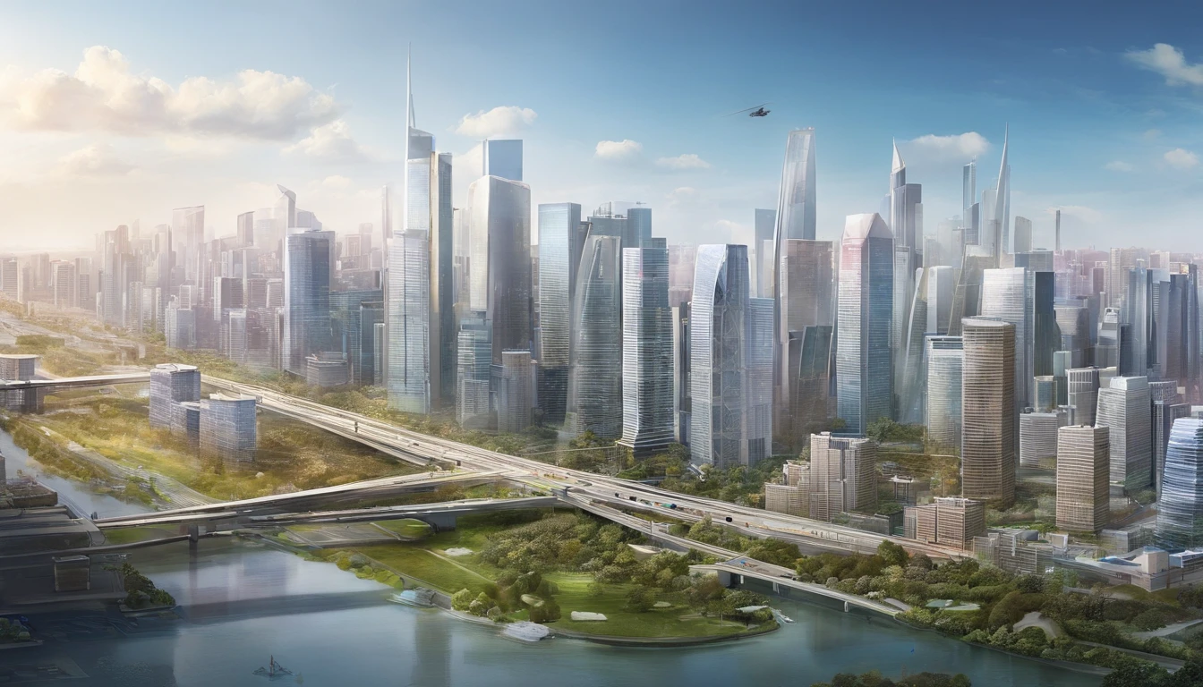 超高分辨率,Panoramic aerial view of the city,parks,beltway,Traffic