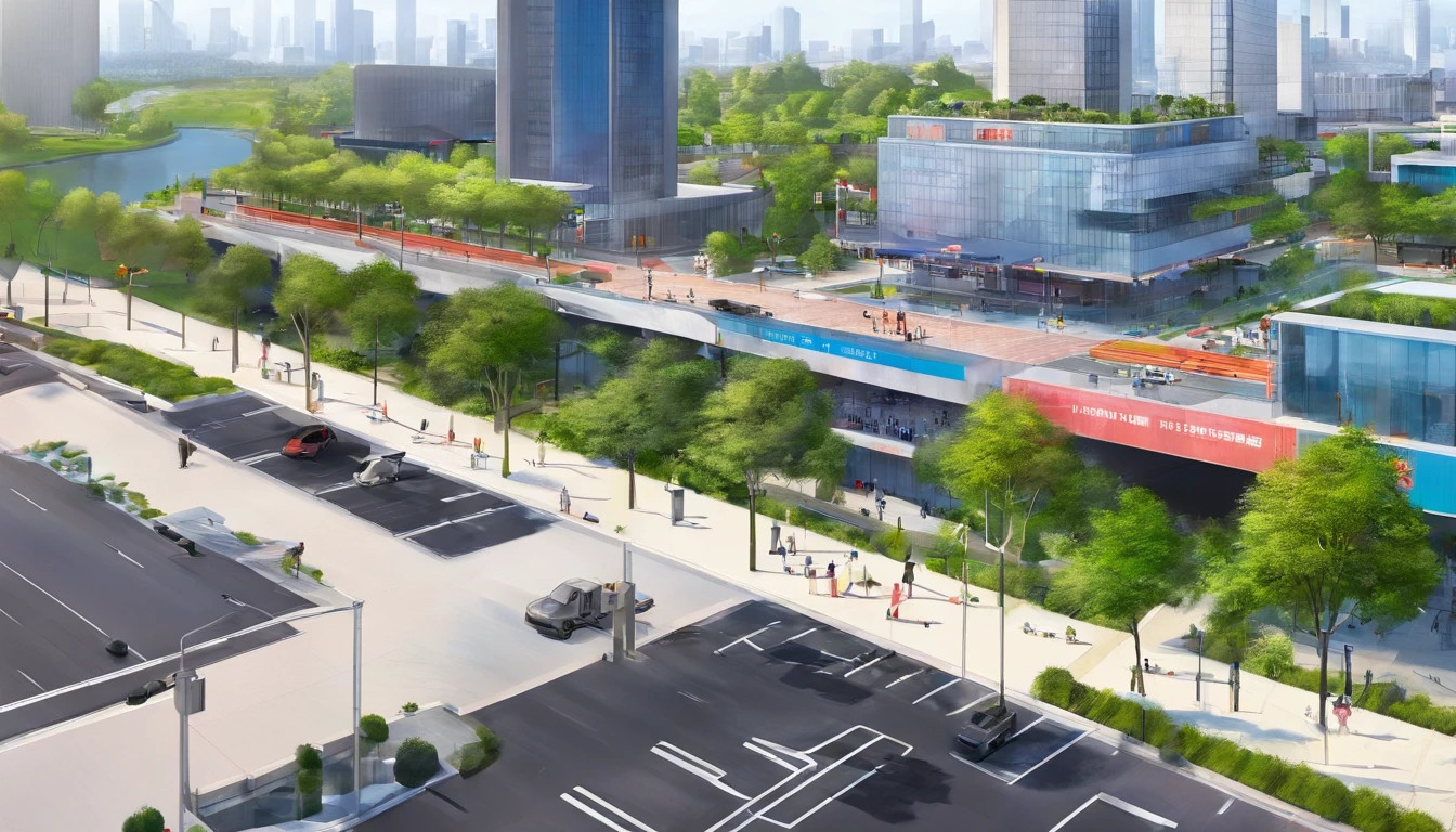 超高分辨率,Panoramic aerial view of the city,parks,beltway,Traffic