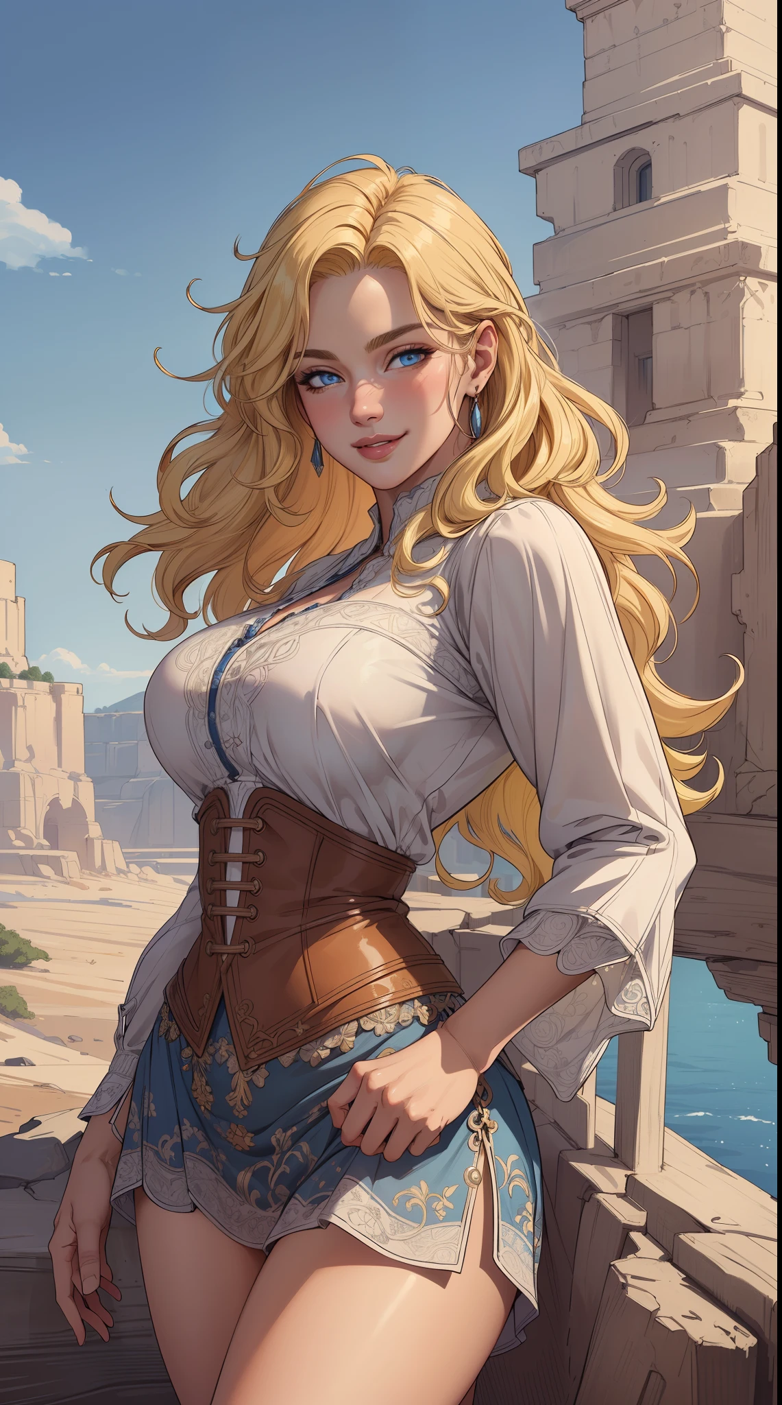 (masterpiece:1.2),(best quality), (ultra detailed), (8k, 4k, intricate),(halft body:1.2),(cowboy:1.2),(highly detailed:1.2),(detailed face:1.2), (detailed background),(portrait),detailed landscape, (dynamic pose:1.2), 1girl, solo, long messy hair, looking at viewer, sexy blouse, smile, blue eyes, blonde hair, upper body