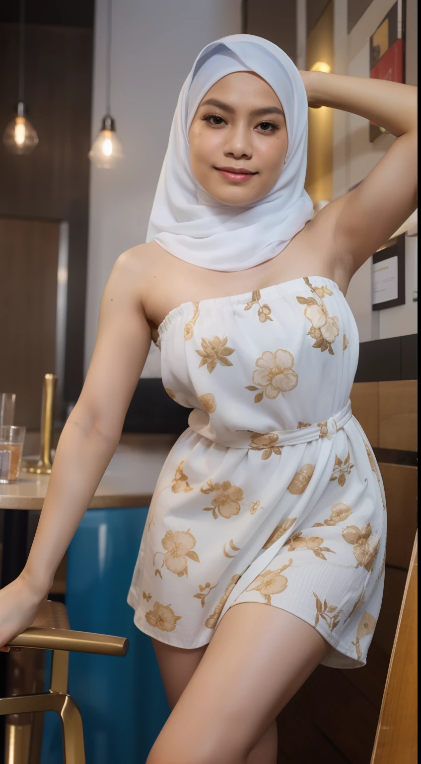 Malay girl with white hijab standing in hipster cafe, happy, smiling, nighttime, wearing blue Floral Ruched lace Strapless short dress, white high sneakers,  professional lighting, blur background, cool ambient, bokeh, small breast, small waist, small head, skin spots, acnes, skin blemishes, short petite body, wide hips, thick thighs, long leg, thick leg, sexy pose, bright lighting, mole below eyes, skin spots, acnes, skin blemishes, age spot, detail skin texture, skin detail, skin wrinkle detail, dark brown skin, gold necklace, 4k, high quality, ultra detail, show armpit, hairy armpit, armpit hair, dark armpit