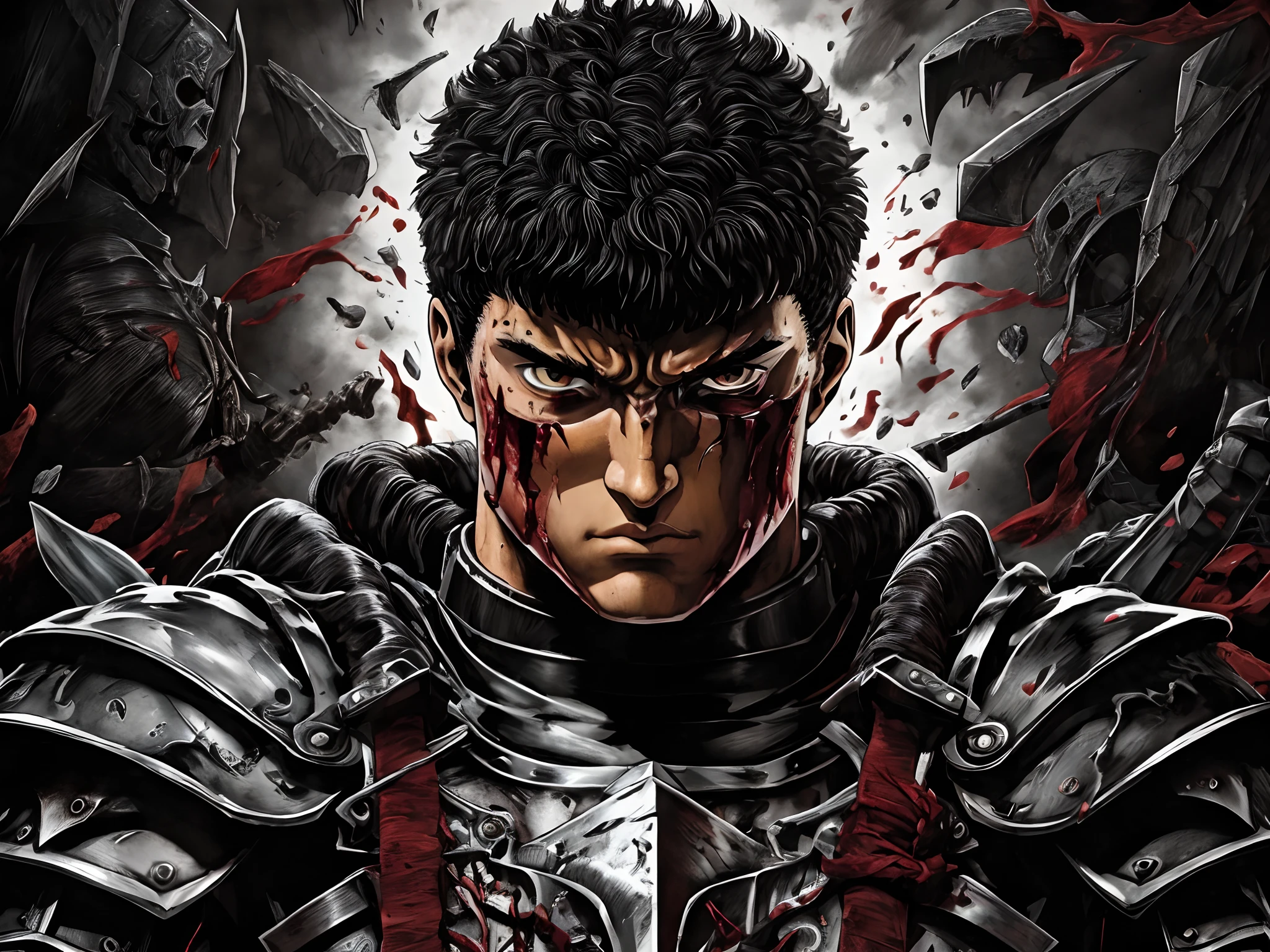 um close up de um homem de armadura com sangue no rosto, Estilo Berserk, Estilo de arte Berserk, sangue de Furioso, Tripas Berserk, Furioso, Tripas de Berserk, Retrato de Guts de Berserk, Tripas de Berserk, Furious manga, de Furioso, tripas, em Berserk Manga, Berserk Skullknight Armadura Negra, Katsuhiro