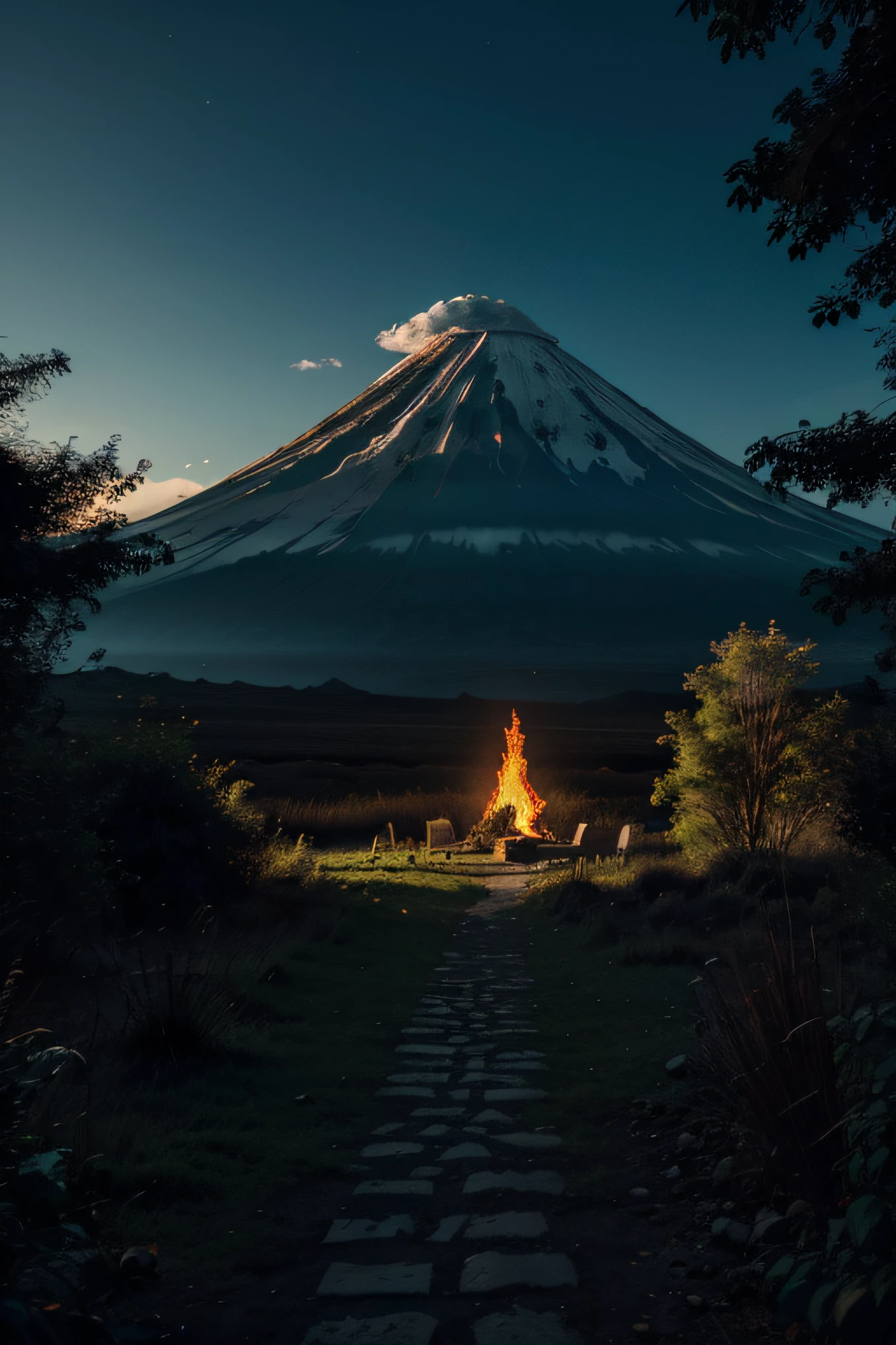 a dark forest with a path that leads to a mountain with a volcano and two realistic and fantastic dragons