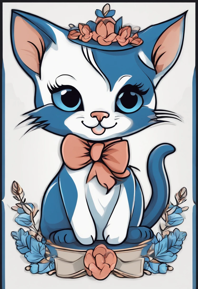 a sticker，Blue tone hand account，（A cute kitten），with black background， simple backgound， dk， adolable， Small， pastel colour， vectorstyle， no gradien