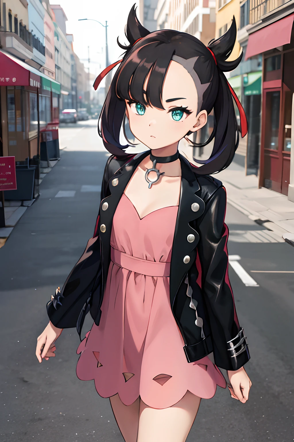 hmmarnie, aqua eyes, Black Choker, Red Ribbon, Pink dress, Jewelry, Black jacket, Open your clothes, Long sleeves