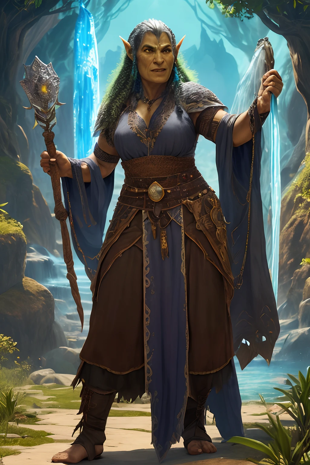 Obra prima, melhor qualidade, An old female orc sorceress, usando tunica, capuz, cabelos brancos, segurando um cajado, ultra detalhado, 8k, muito reailista