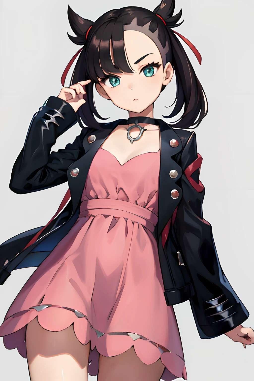 hmmarnie, aqua eyes, Black Choker, Red Ribbon, Pink dress, Jewelry, Black jacket, Open your clothes, Long sleeves