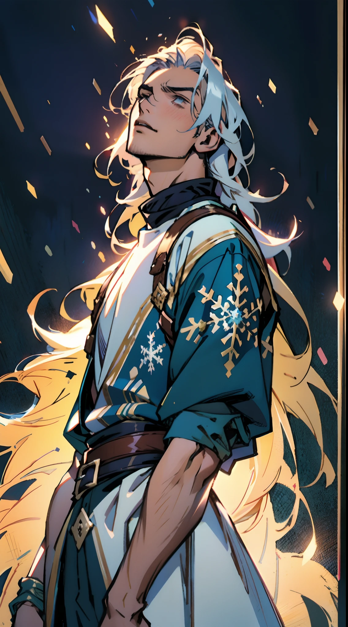 A young man with indigo long hair, long and straight hairstyle, looks up, a gentle expression, a tender gaze, a two-piece fantasy-realism style outfit, knitted shirt over a dark fitted undershirt, belted at the waist, long flowing hemline, matching trousers, the background shows a medieval fantasy-style street with snowflakes falling, this character embodies a finely crafted fantasy-realism in anime style, characterized by an exquisite and mature manga illustration art style, high definition, best quality, highres, ultra-detailed, ultra-fine painting, extremely delicate, professional, anatomically correct, symmetrical face, extremely detailed eyes and face, high quality eyes, creativity, RAW photo, UHD, 8k, Natural light, cinematic lighting, masterpiece-anatomy-perfect, masterpiece:1.5