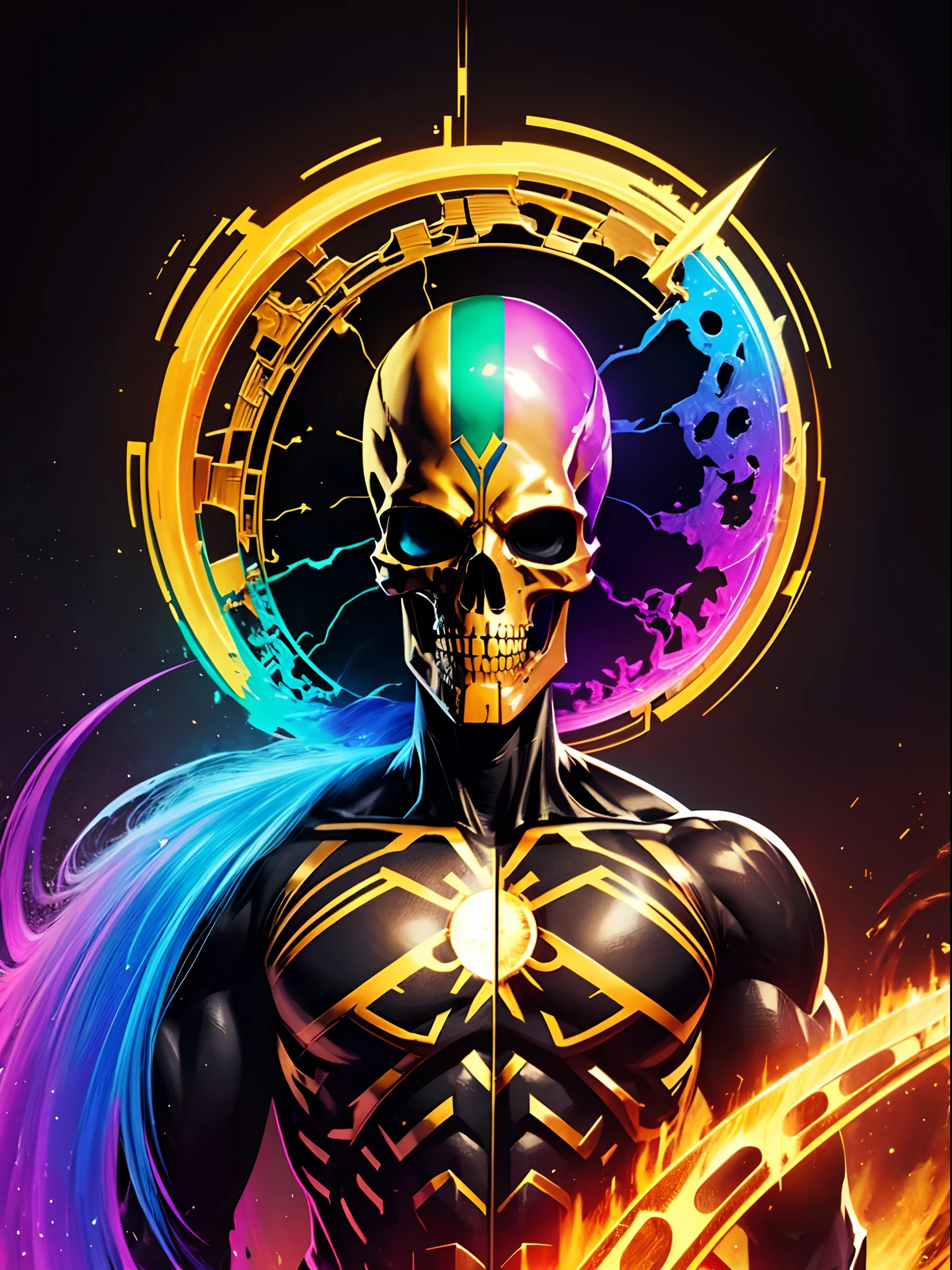 pixel sorted，Superhero skull，(arte de terror:1.2)，Huge golden scythe，Metal polished skeleton painting of man on black background,A rainbow surrounds the skull，Form different structures， breath-taking rendering, Magical rainbow elements,Splendid round rainbow combination，circular composition，Solo