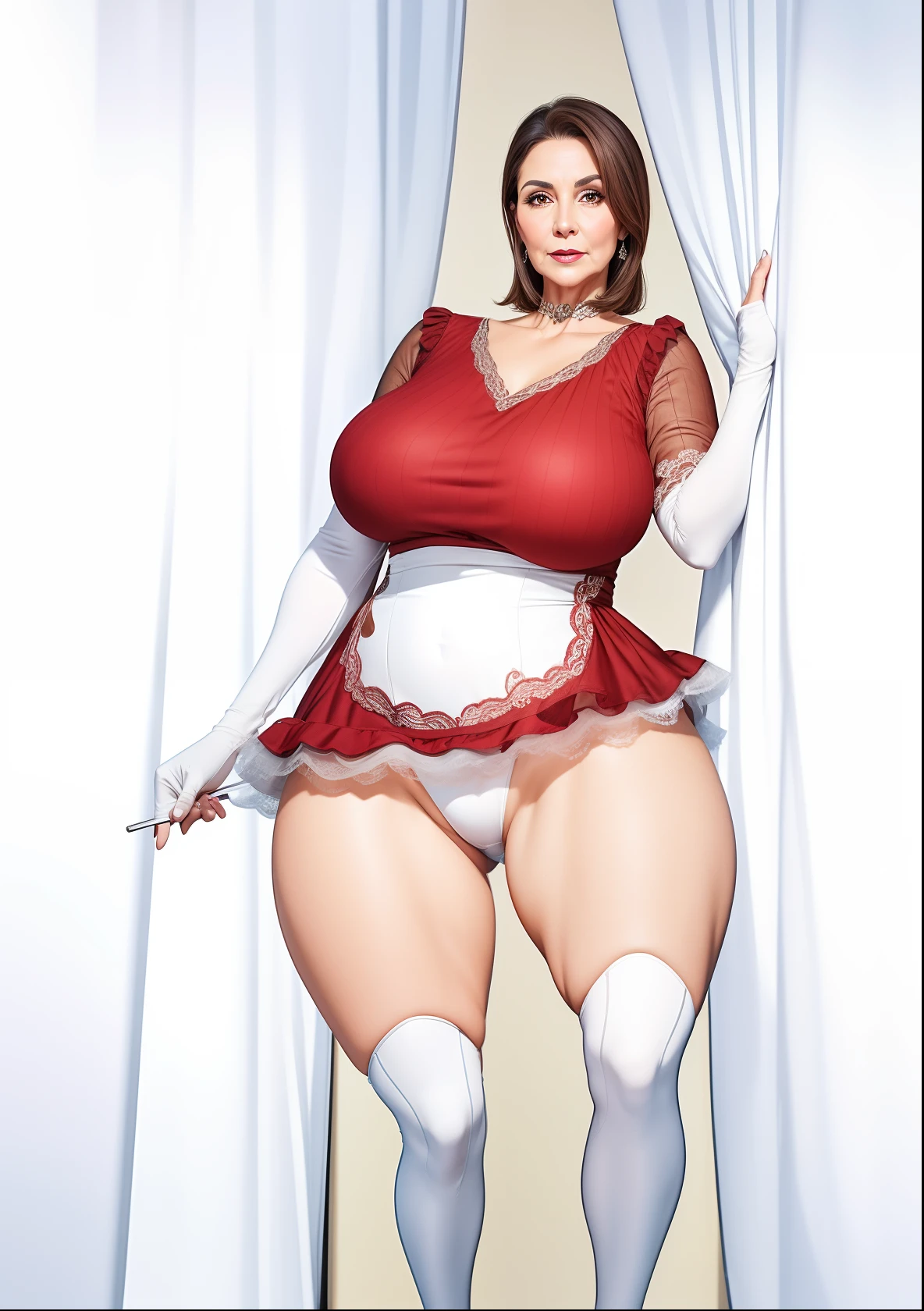 Portrait of a 60-year-old woman with short brown hair, a captivating gaze, Brown eyes, Wrinkles on her face, She wears a very sexy black evening dress that reveals big flabby breasts, Light makeup and red lips. 32K