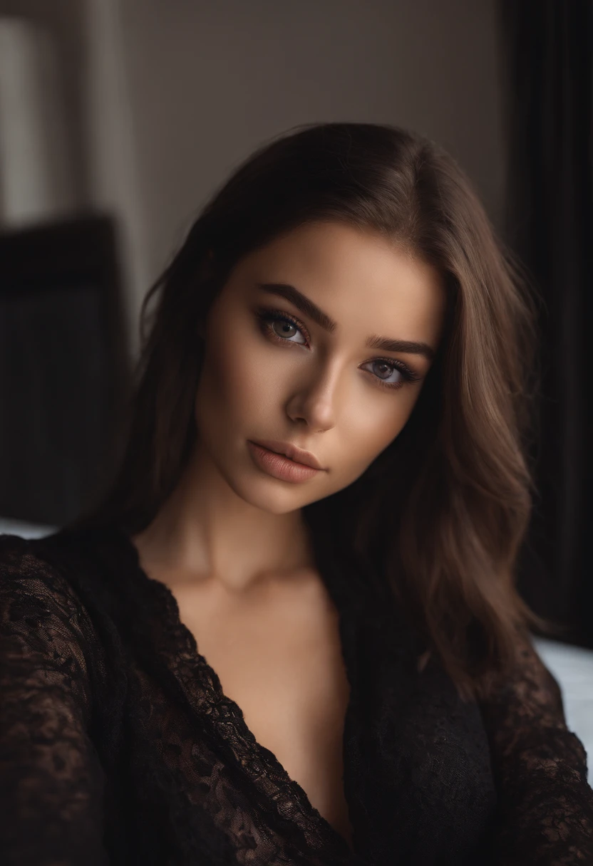 arafed woman with black clothes, sexy girl with brown eyes, portrait sophie mudd, brown hair and large eyes, selfie of a young woman, bedroom eyes, violet myers, without makeup, natural makeup, looking directly at the camera, face with artgram, subtle makeup, stunning full body shot, in bedroom, cleavage
