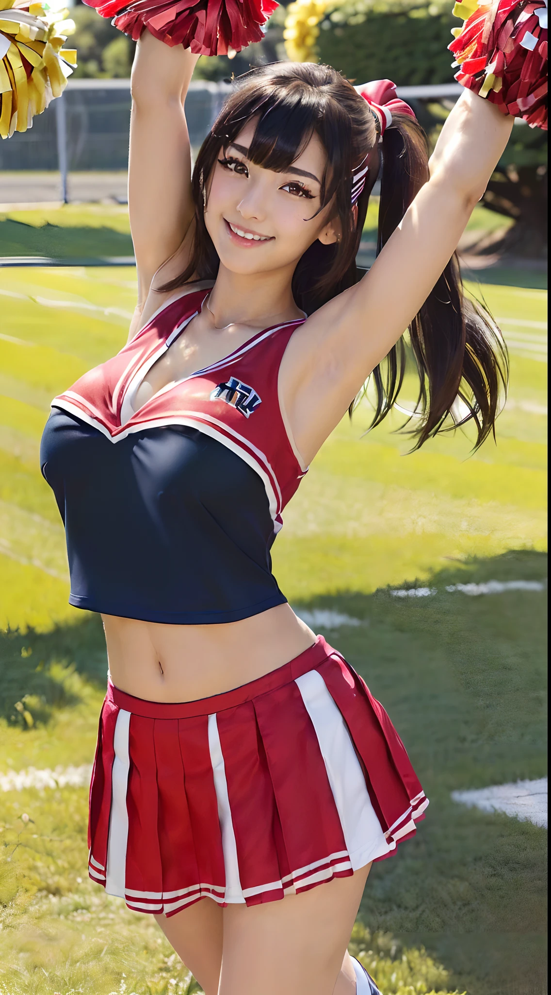 (8K, 超A high resolution, Best Quality, masutepiece:1.1),(18year old:1.1)、in 8K、RAW portrait of japanese girl、Photorealsitic、超A high resolution、top-quality、hi-school girl、(Cheerleading Club、Cheerleader Uniforms、T-back visible、quite massive chest、Pretty big breasts、Show the armpits、toned body、Kick one leg straight up quite large:1.6)(Black hair straight long hair、、Japan Cute Woman:1.2)、Cute smile、espadrilles、High School Lawn Ground