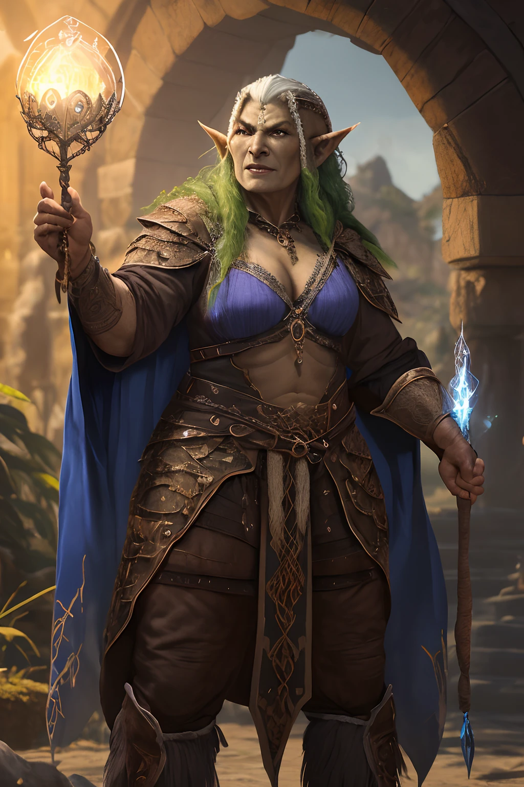 Obra prima, melhor qualidade, An old female orc sorceress, usando tunica, capuz, cabelos brancos, segurando um cajado, ultra detalhado,  8k, muito reailista