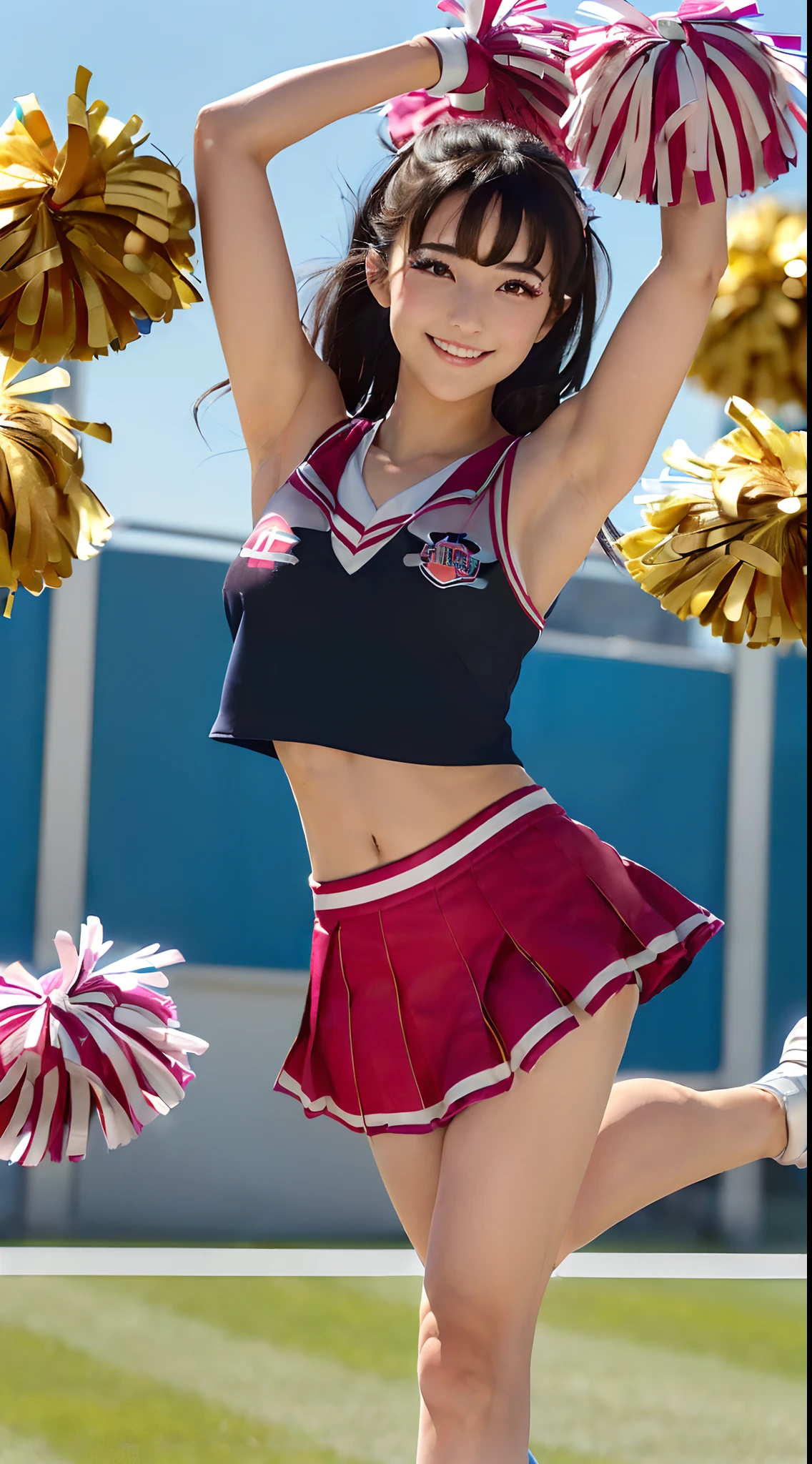 (8K, 超A high resolution, Best Quality, masutepiece:1.1),(18year old:1.1)、in 8K、RAW portrait of japanese girl、Photorealsitic、超A high resolution、top-quality、hi-school girl、(Cheerleading Club、Cheerleader Uniforms、T-back visible、quite massive chest、Pretty big breasts、Show the armpits、toned body、Kick one leg straight up quite large:1.6)(Black hair straight long hair、、Japan Cute Woman:1.2)、Cute smile、espadrilles、High School Lawn Ground
