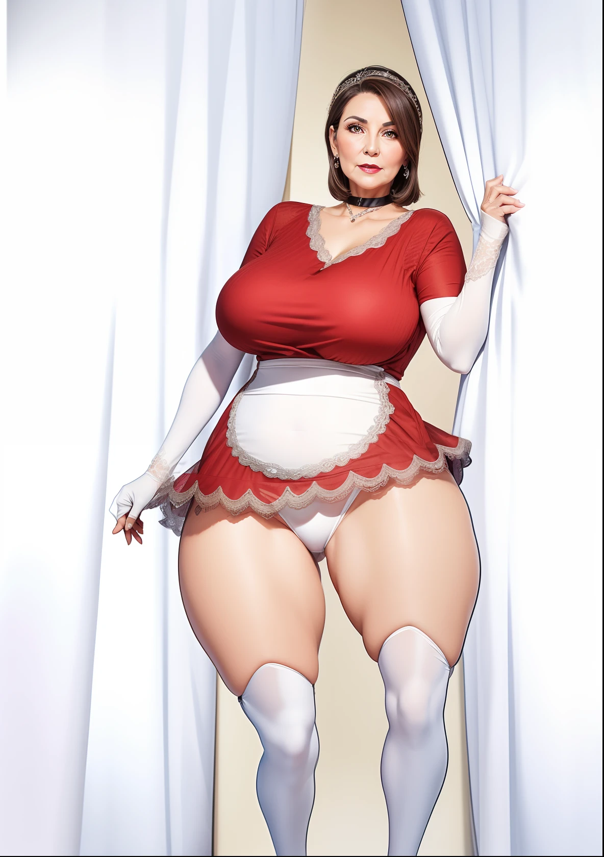 Portrait of a 60-year-old woman with short brown hair, a captivating gaze, Brown eyes, Wrinkles on her face, She wears a very sexy black evening dress that reveals big flabby breasts, Light makeup and red lips. 32K