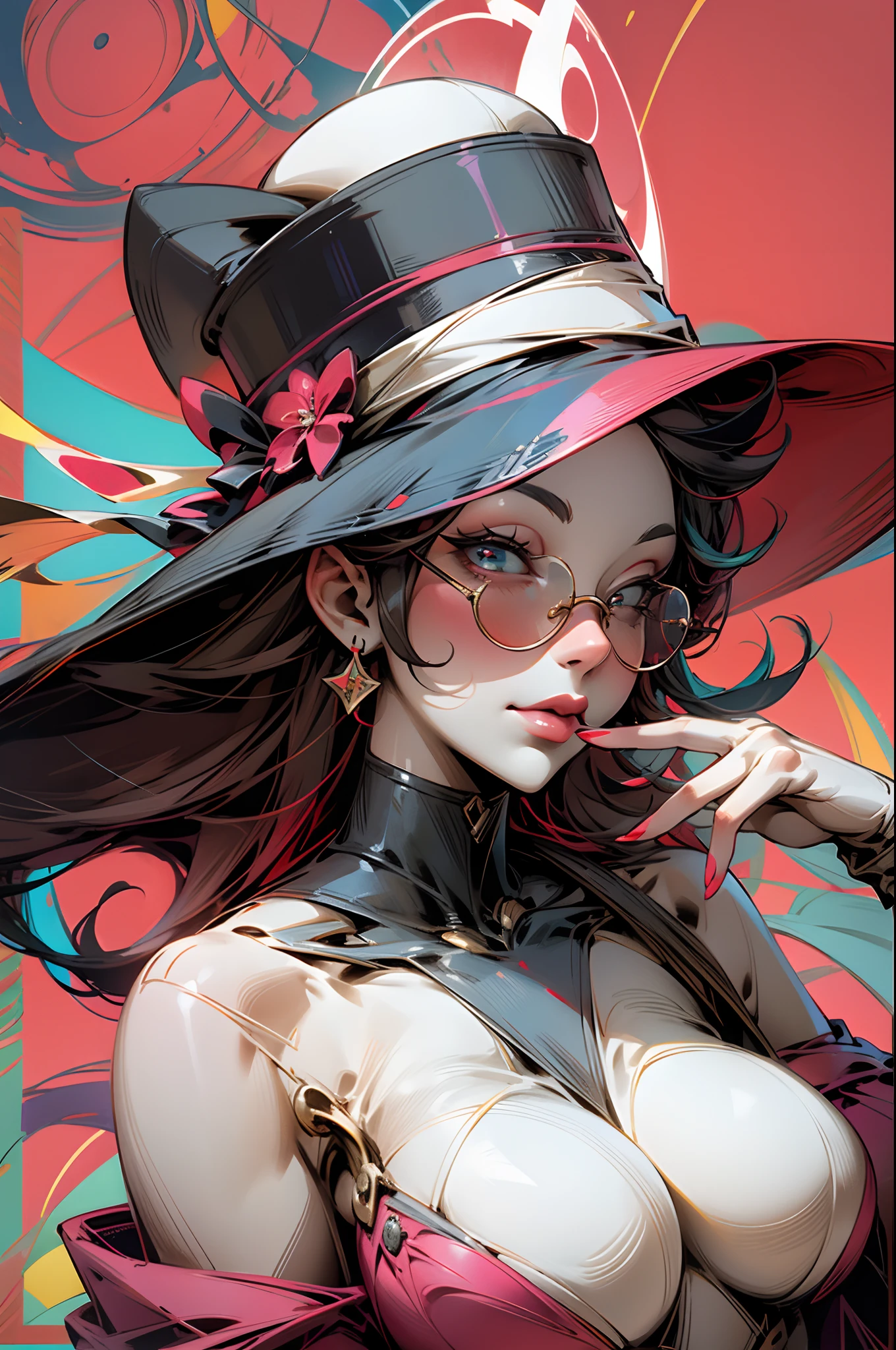 Colorful background, cool colors, voluptuous woman naked, red hat, round sunglasses, elegant