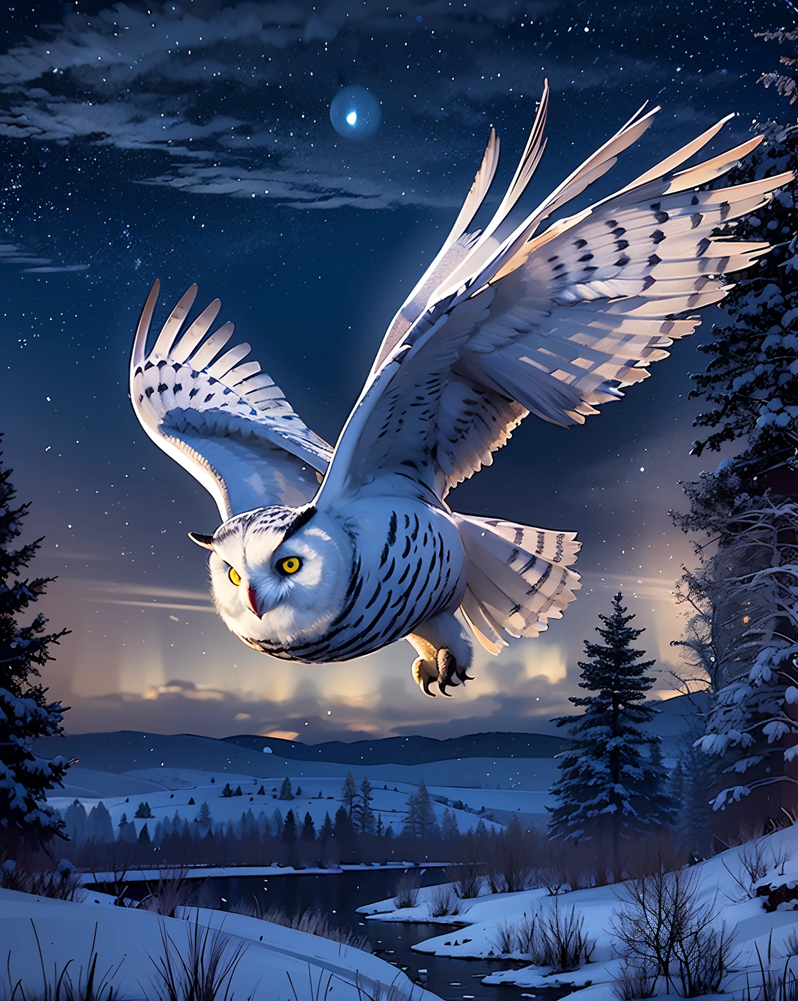 A mesmerizing night scene featuring a majestic snowy white owl in flight under the moonlight. The serene beauty of the night sky and the owl's graceful presence create a captivating image. High-resolution image, deep blue night sky, twinkling stars, silvery moonlight, majestic owl, golden eyes, graceful flight, peaceful and mysterious atmosphere, night guardian, nature's beauty.