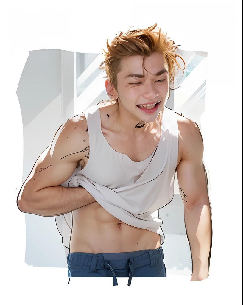 Boy wearing a white sleeveless shirt and rubbing his chest
