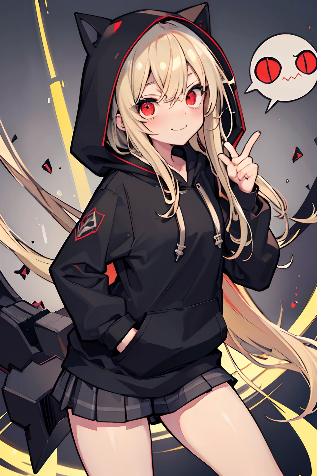 (masterpiece), best quality, expressive eyes, perfect face, schoolgirl, small shorts, sleek legs, black hoodie, hood over head, hood raised, long blonde hair, glowing eyes, red eyes, side glance, hands in pockets, looking cute, adorable, smiling, nervous, purring, happy, blushing, embarrassed, heavy breathing, aroused