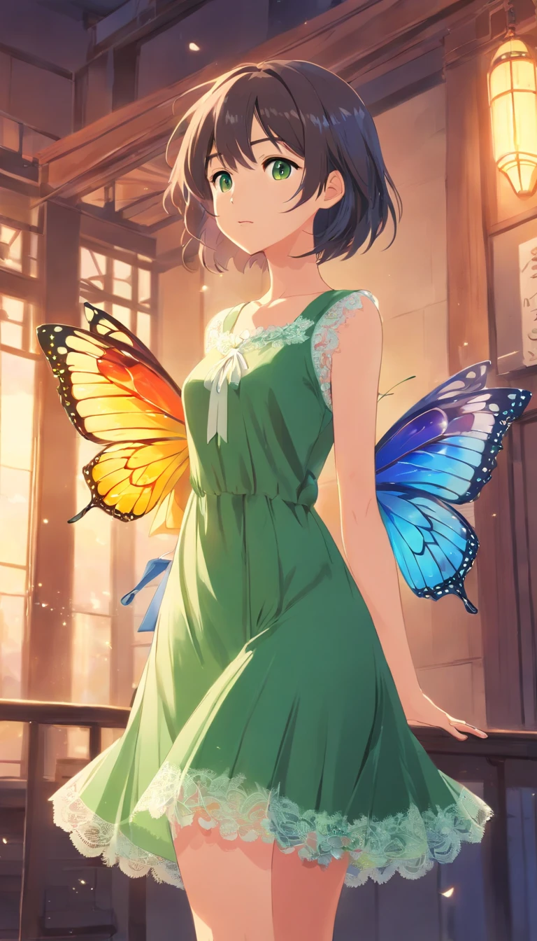 girl、Brown Hair、short hair、Blue Dress、Blue Butterfly、Dark Background