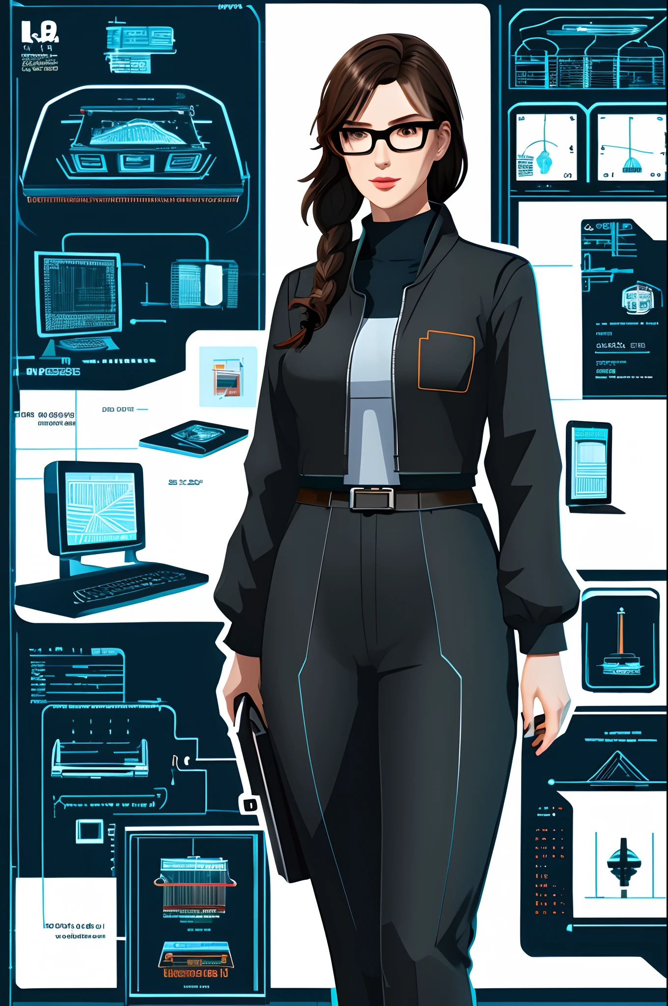 35 year old anime woman with dark brown hair with light highlights tied in a ponytail, wearing square glasses, in a technological spy style, in her laboratory decoding passwords on her computer, with drawings of schematics and graphs on the walls, with a cyberpunk atmosphere out there. She is wearing spy-style clothing. The image must be in full HD, 8k ultra|full figure, vibrant color vector, and a full body panoramic scene