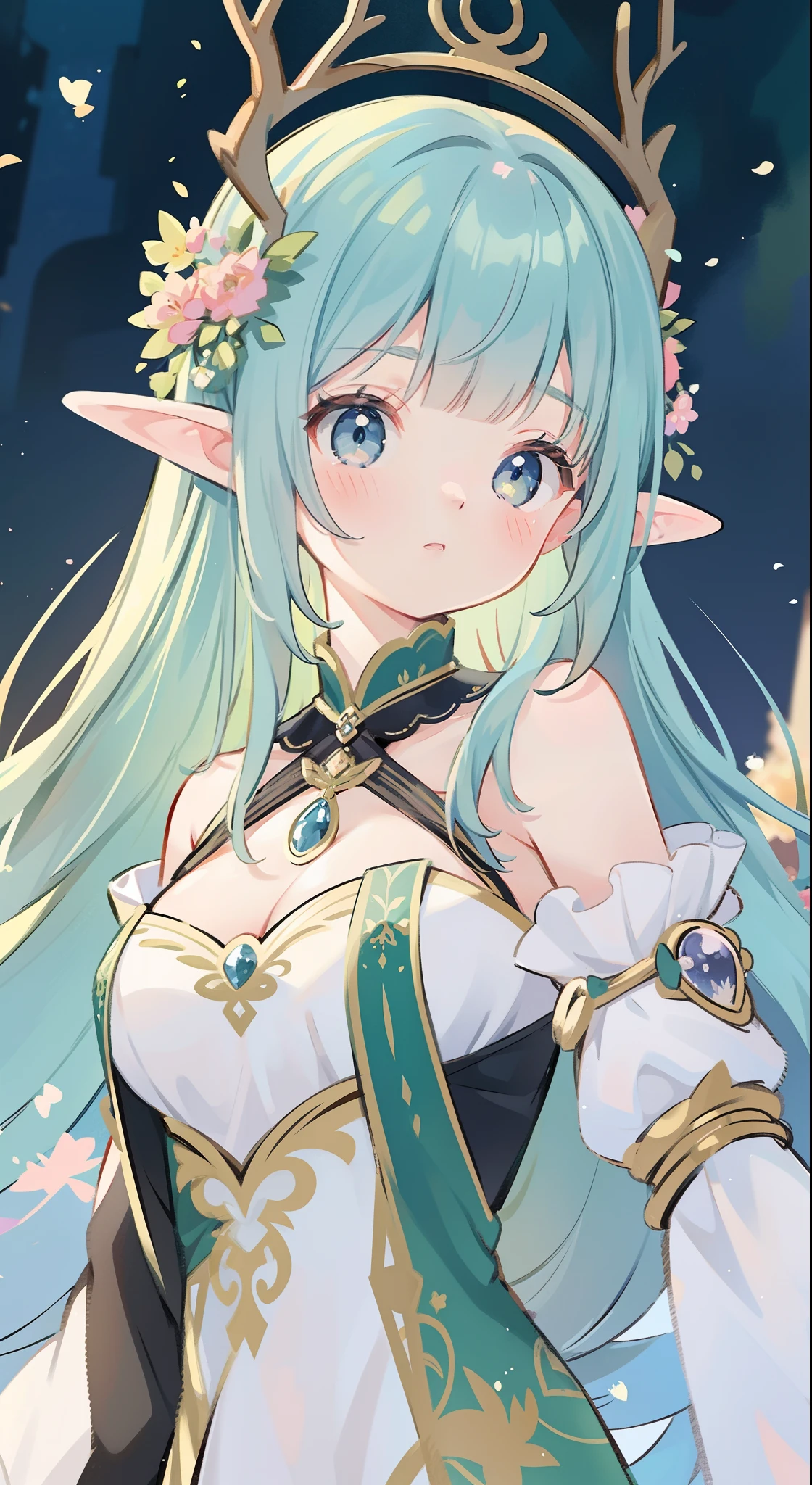 high high quality,masterpiece,Delicate facial features,Delicate hair,Delicate eyes,Delicate hair,animemanga girl,deer antlers,Black color hair,florals, Dreamy style, Fantastic flower garden,fantasy style clothing,Romantic dress, beautiful and elegant elf queen, a beautiful fantasy empress, Fantasy art style, ((a beautiful fantasy empress)), Anime fantasy illustration, high priestess, fey queen of the summer forest, anime art nouveau, goddess of the forest, portrait of an elf queen, A beautiful artwork illustration,8K high quality detailed art(Delicate facial portrayal)(Fine hair depiction)(highest quality)(Master masterpieces)(High degree of completion)(a sense of atmosphere)8k wallpaper,tmasterpiece,Best quality at best,ultra - detailed