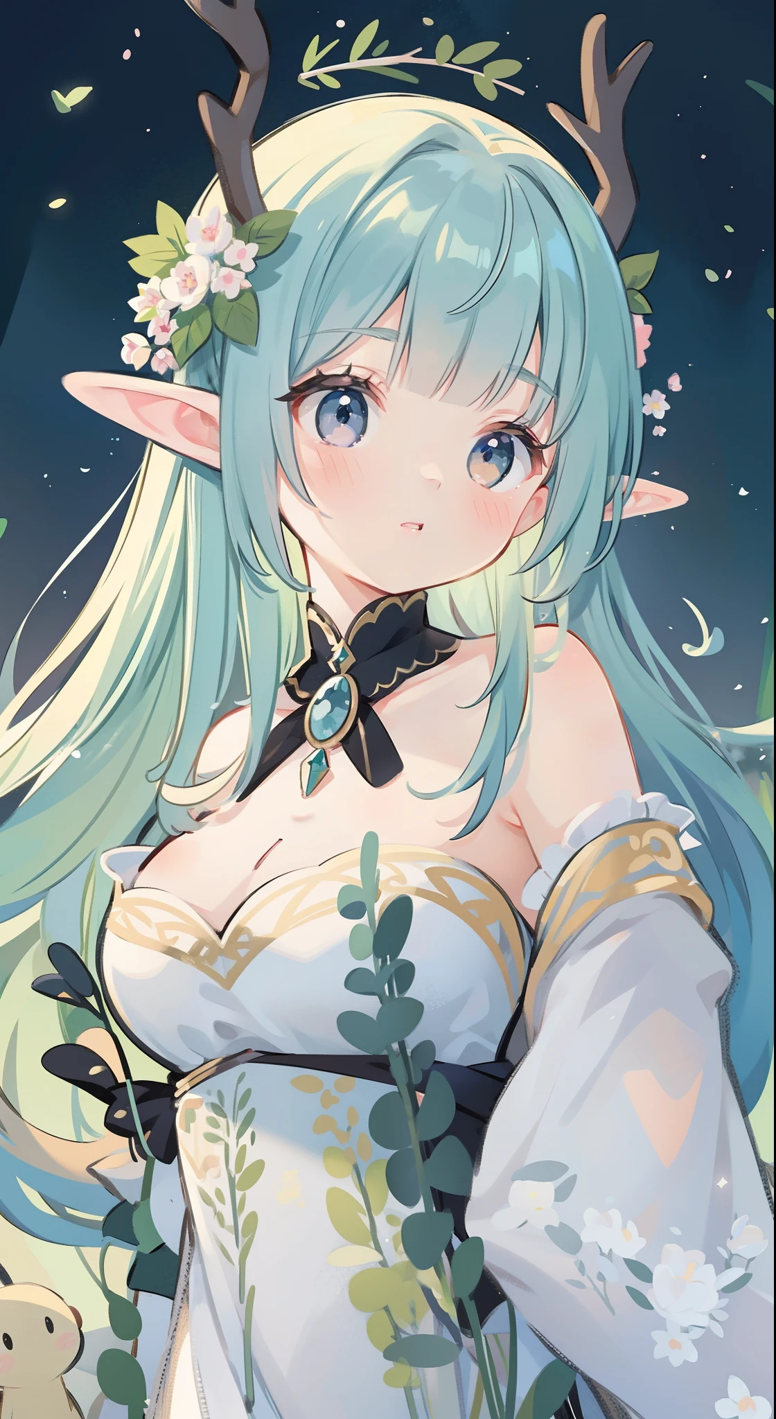 high high quality,masterpiece,Delicate facial features,Delicate hair,Delicate eyes,Delicate hair,animemanga girl,deer antlers,Black color hair,florals, Dreamy style, Fantastic flower garden,fantasy style clothing,Romantic dress, beautiful and elegant elf queen, a beautiful fantasy empress, Fantasy art style, ((a beautiful fantasy empress)), Anime fantasy illustration, high priestess, fey queen of the summer forest, anime art nouveau, goddess of the forest, portrait of an elf queen, A beautiful artwork illustration,8K high quality detailed art(Delicate facial portrayal)(Fine hair depiction)(highest quality)(Master masterpieces)(High degree of completion)(a sense of atmosphere)8k wallpaper,tmasterpiece,Best quality at best,ultra - detailed