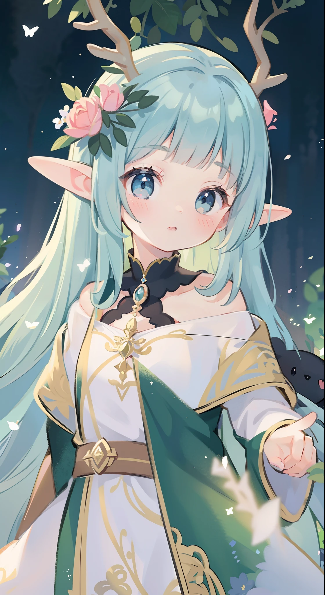 high high quality,masterpiece,Delicate facial features,Delicate hair,Delicate eyes,Delicate hair,animemanga girl,deer antlers,Black color hair,florals, Dreamy style, Fantastic flower garden,fantasy style clothing,Romantic dress, beautiful and elegant elf queen, a beautiful fantasy empress, Fantasy art style, ((a beautiful fantasy empress)), Anime fantasy illustration, high priestess, fey queen of the summer forest, anime art nouveau, goddess of the forest, portrait of an elf queen, A beautiful artwork illustration,8K high quality detailed art(Delicate facial portrayal)(Fine hair depiction)(highest quality)(Master masterpieces)(High degree of completion)(a sense of atmosphere)8k wallpaper,tmasterpiece,Best quality at best,ultra - detailed