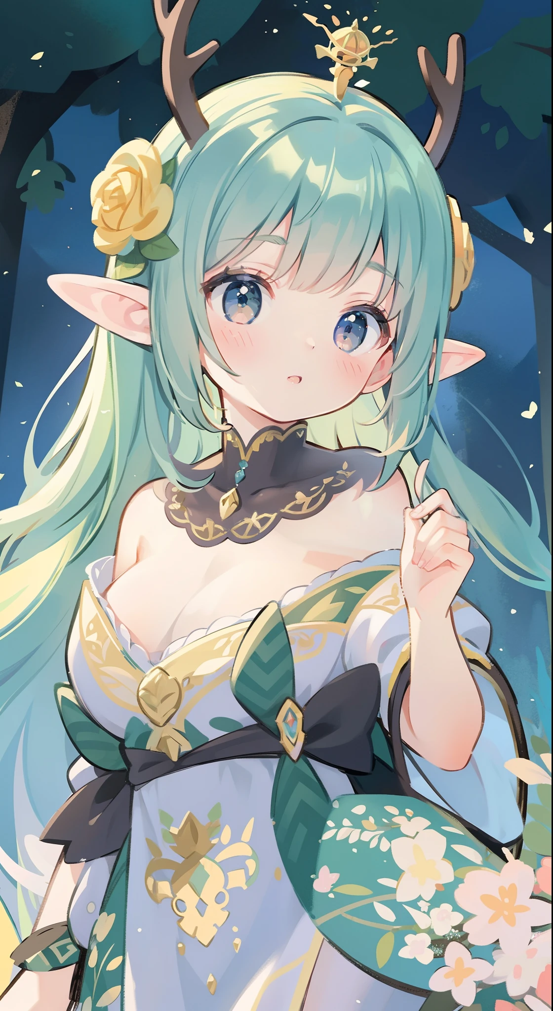 high high quality,masterpiece,Delicate facial features,Delicate hair,Delicate eyes,Delicate hair,animemanga girl,deer antlers,Black color hair,florals, Dreamy style, Fantastic flower garden,fantasy style clothing,Romantic dress, beautiful and elegant elf queen, a beautiful fantasy empress, Fantasy art style, ((a beautiful fantasy empress)), Anime fantasy illustration, high priestess, fey queen of the summer forest, anime art nouveau, goddess of the forest, portrait of an elf queen, A beautiful artwork illustration,8K high quality detailed art(Delicate facial portrayal)(Fine hair depiction)(highest quality)(Master masterpieces)(High degree of completion)(a sense of atmosphere)8k wallpaper,tmasterpiece,Best quality at best,ultra - detailed