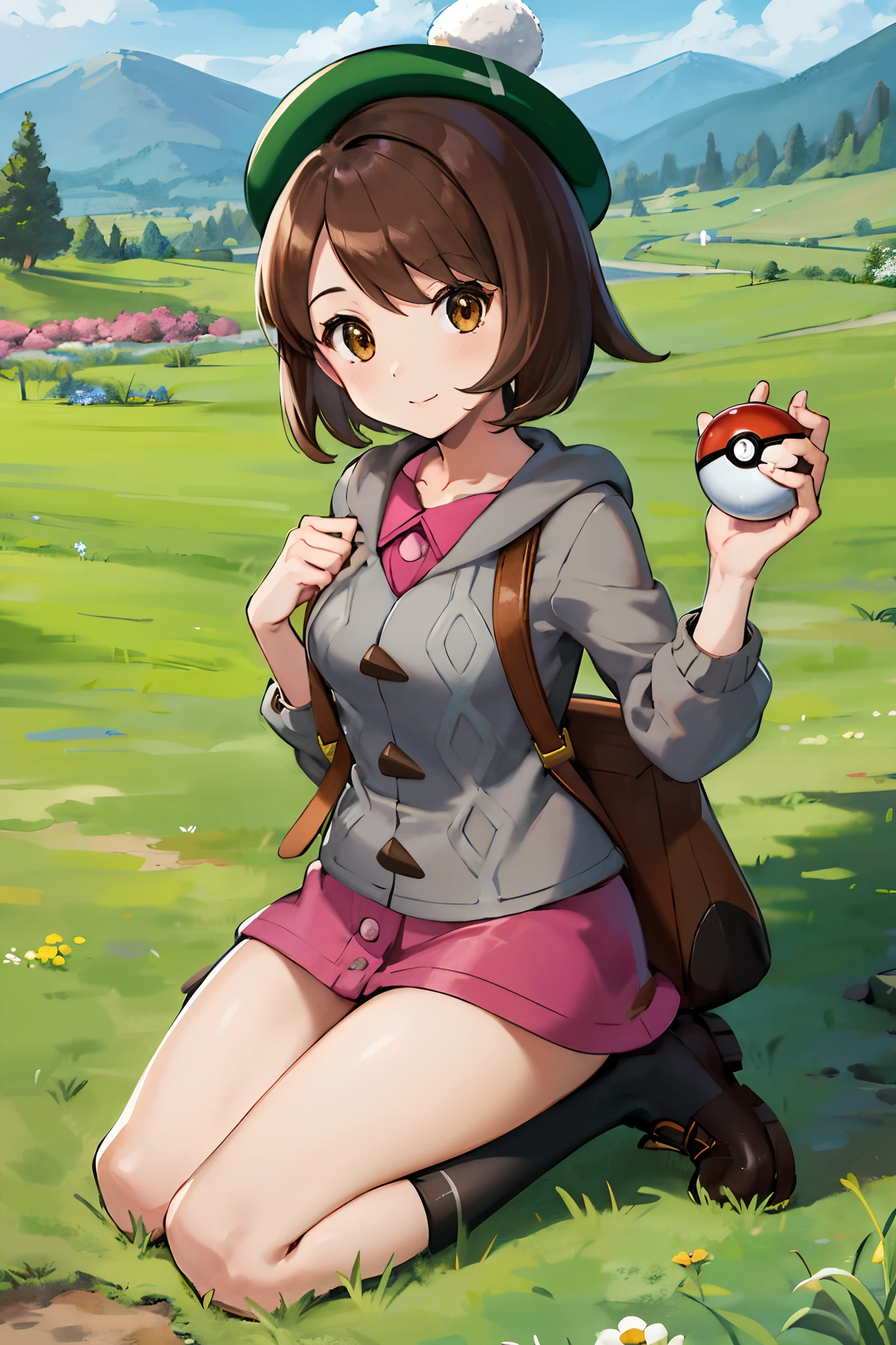 masterpiece, best quality, highres, gloria1, 1girl, gloria \(pokemon\), poke ball \(basic\), brown hair, solo, holding poke ball, backpack, brown eyes, tam o' shanter, grey cardigan, pink dress, short hair, green socks, socks, brown bag, bob cut, bangs, long sleeves, collared dress, field, grass, full body, boots,