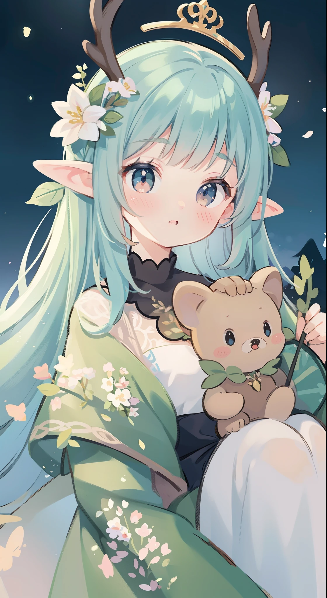 high high quality,masterpiece,Delicate facial features,Delicate hair,Delicate eyes,Delicate hair,animemanga girl,deer antlers,Black color hair,florals, Dreamy style, Fantastic flower garden,fantasy style clothing,Romantic dress, beautiful and elegant elf queen, a beautiful fantasy empress, Fantasy art style, ((a beautiful fantasy empress)), Anime fantasy illustration, high priestess, fey queen of the summer forest, anime art nouveau, goddess of the forest, portrait of an elf queen, A beautiful artwork illustration,8K high quality detailed art(Delicate facial portrayal)(Fine hair depiction)(highest quality)(Master masterpieces)(High degree of completion)(a sense of atmosphere)8k wallpaper,tmasterpiece,Best quality at best,ultra - detailed