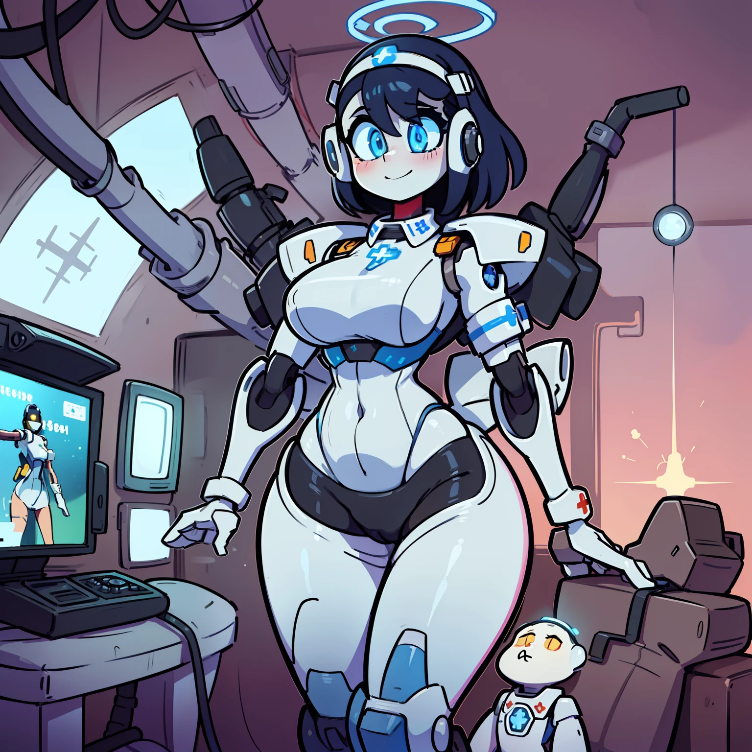 cartoon, cute, Fully robotic, Mecha head, female Mecha, nurse with a smirk, toon like, Imagine a hospital room that resembles a cosmic observatory, with a massive holographic dome projecting breathtaking scenes of galaxies. Within this awe-inspiring setting, robot nurses move with precision and grace, style reminiscent of Halo warriors. Infused with advanced technology, these robotic nurses provide exceptional care to patients, embodying a legacy of healing and hope. mature figure (a little bit of a great figure, hourglass figure, stunning body)