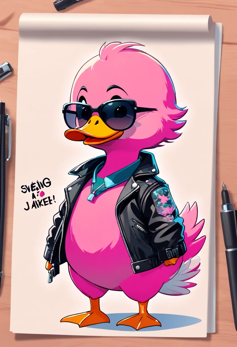 sticker illustration of ((( cute pink duck ,wearing sunglasses and , swearing a black leather jacket .))), full body ,sticker, 2D Style, Vectorial, Pantone colors, Splatoon custome, white border, full color background, vibrant 7-color palette playing an electric guitar, with a funny expression, Vector illustration, Minimalistic, Digital illustration, T-shirt design, Dramatic Lighting, Highly detailed, 2D, 300 dpi, RGB, Flat, No background, Tattoo design, Watercolour splashes background, Extremely detailed, Hyper detailed, Intricately detailed, Realistic details --auto --s2