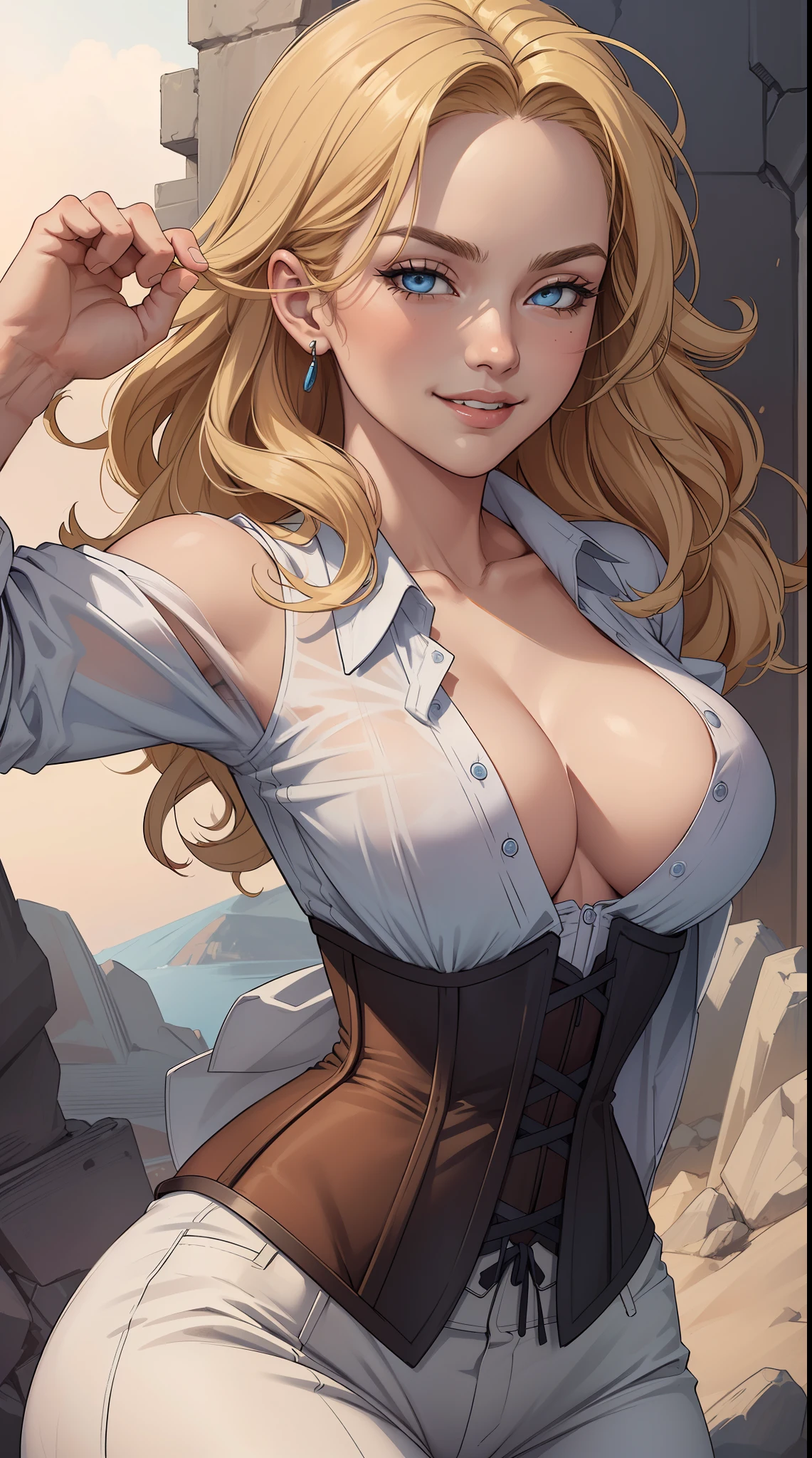(masterpiece:1.2),(best quality), (ultra detailed), (8k, 4k, intricate),(halft body:1.2),(cowboy:1.2),(highly detailed:1.2),(detailed face:1.2), (detailed background),(portrait),detailed landscape, (dynamic pose:1.2), 1girl, solo, long messy hair, looking at viewer, (open shirt with corset:1.2), smile, blue eyes, blonde hair, upper body