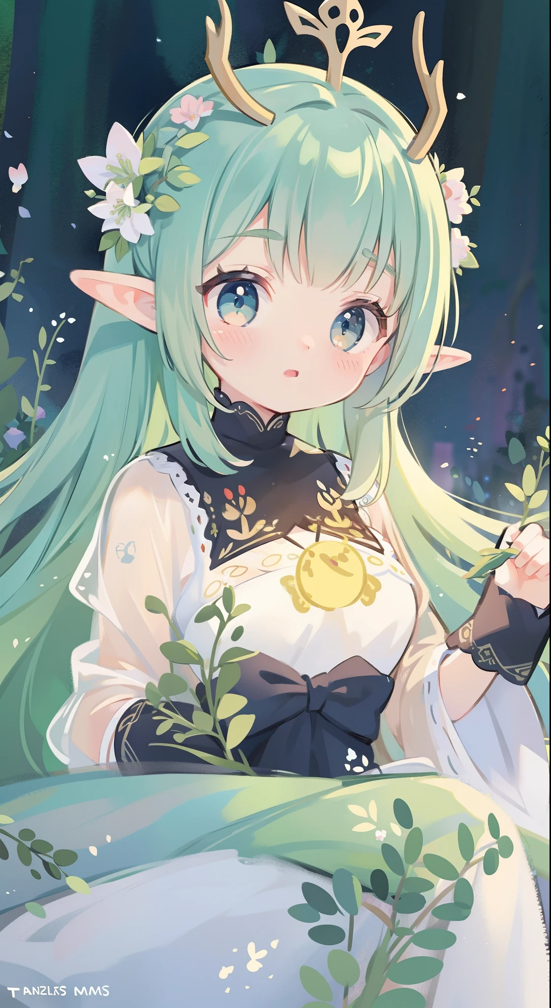 high high quality,masterpiece,Delicate facial features,Delicate hair,Delicate eyes,Delicate hair,animemanga girl,deer antlers,Black color hair,florals, Dreamy style, Fantastic flower garden,fantasy style clothing,Romantic dress, beautiful and elegant elf queen, a beautiful fantasy empress, Fantasy art style, ((a beautiful fantasy empress)), Anime fantasy illustration, high priestess, fey queen of the summer forest, anime art nouveau, goddess of the forest, portrait of an elf queen, A beautiful artwork illustration,8K high quality detailed art(Delicate facial portrayal)(Fine hair depiction)(highest quality)(Master masterpieces)(High degree of completion)(a sense of atmosphere)8k wallpaper,tmasterpiece,Best quality at best,ultra - detailed
