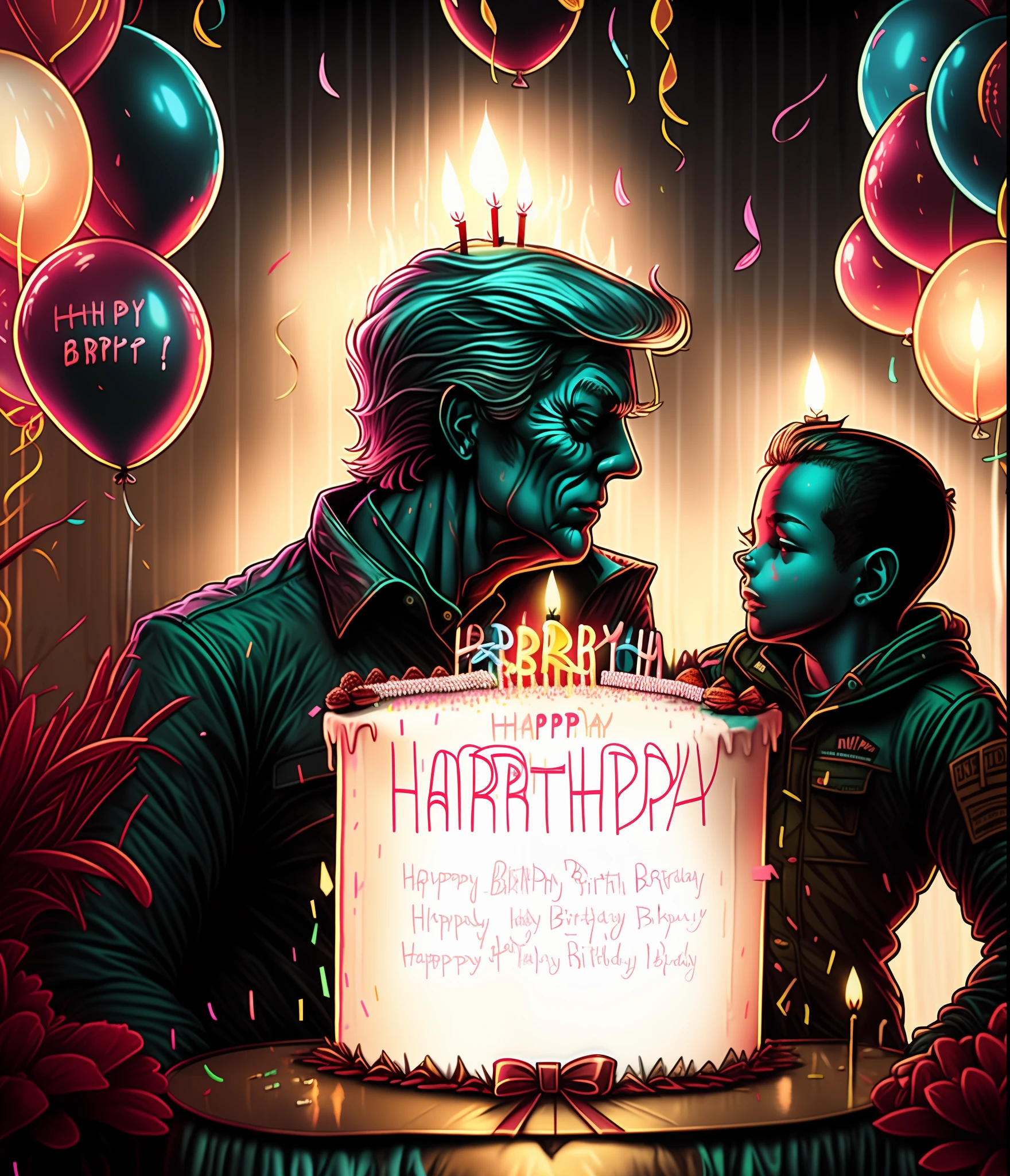 A beautiful aesthetic theme icon villain of evil birthday cake, cores neon, vetor, storybook illustration art, hiper detalhes, Supervillain aesthetics, foco nítido, Denoise, 8k, estilo de arte de desenho bonito, Arte Digital