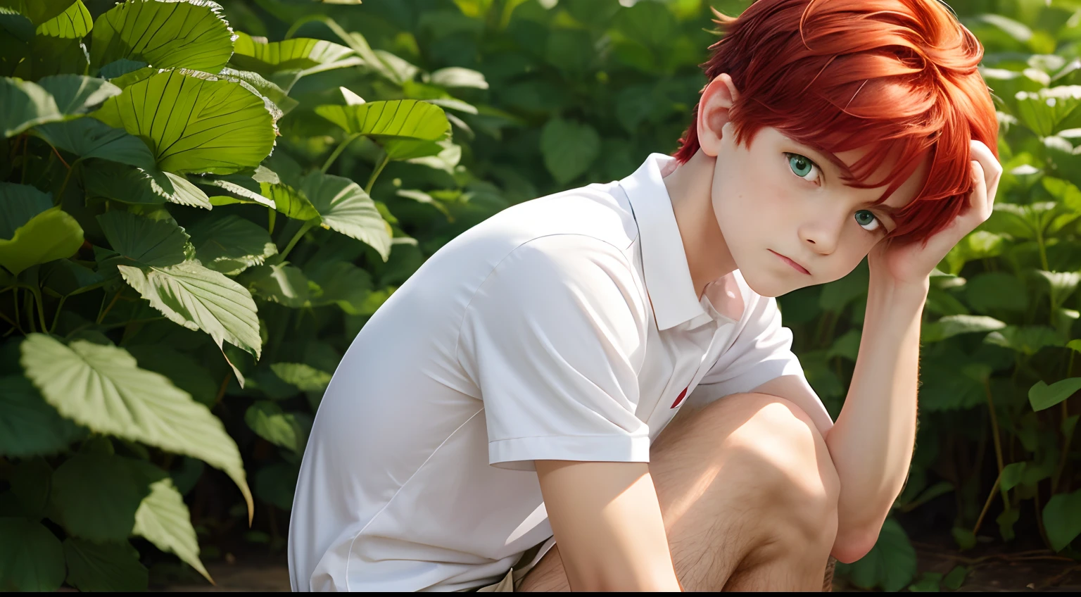 Best Quality, extra high resolution, 1 boy, red hair, Green eyes, Short and slim body, in a white shirt and shorts, ((shy expression)), Strawberry field