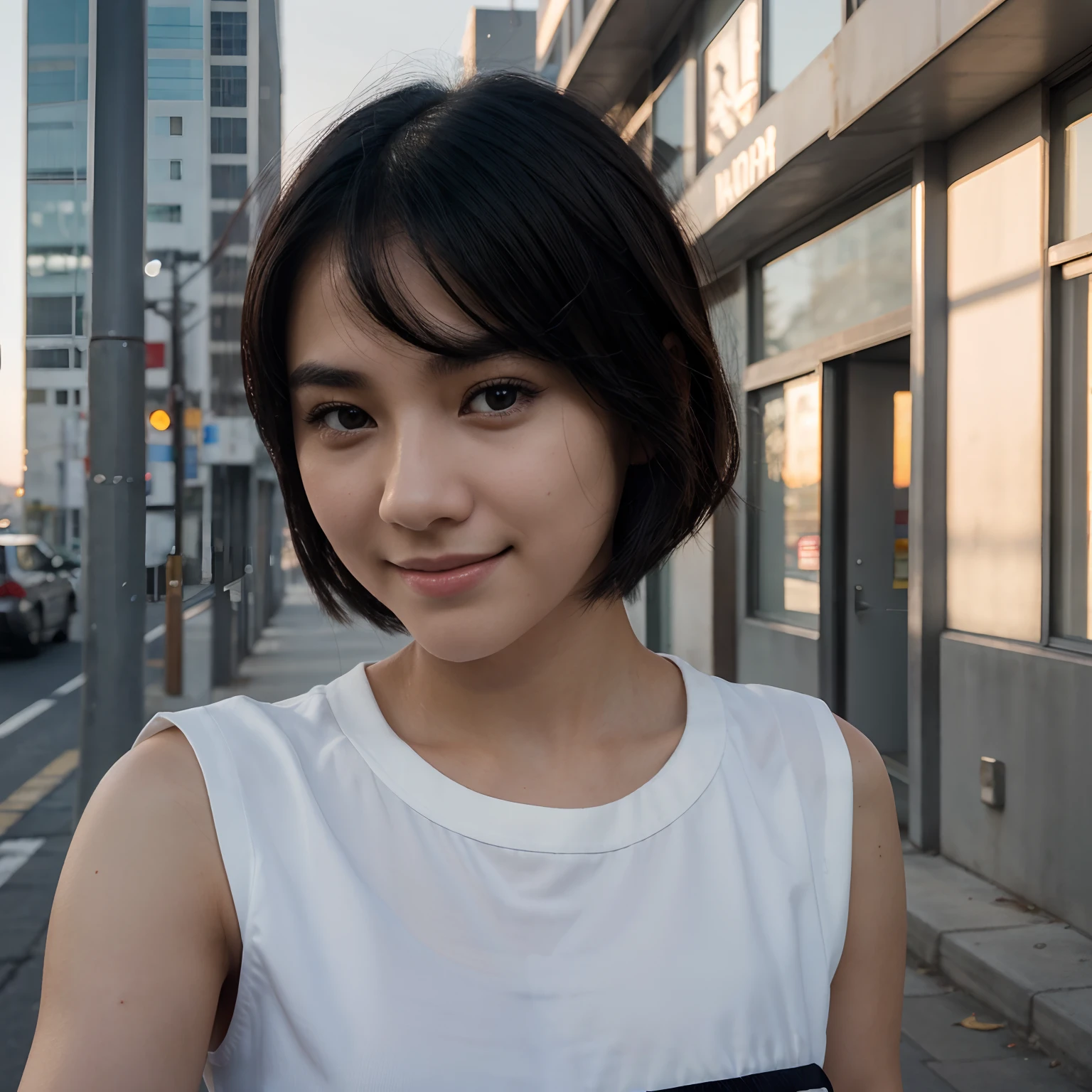 Very young female, half chinese, small slit-eyed, black hair, flawless white skin, wolf cut hair, photorealistic, best quality, hyper detailed, middle school student, beautiful woman, selfie photo, upper body, solo, wearing uniform, smiling at city, sunset photo, without makeup, school, looking at viewer, skin texture, film grain, close up, ultra high res, best shadow, RAW, instagram LUT