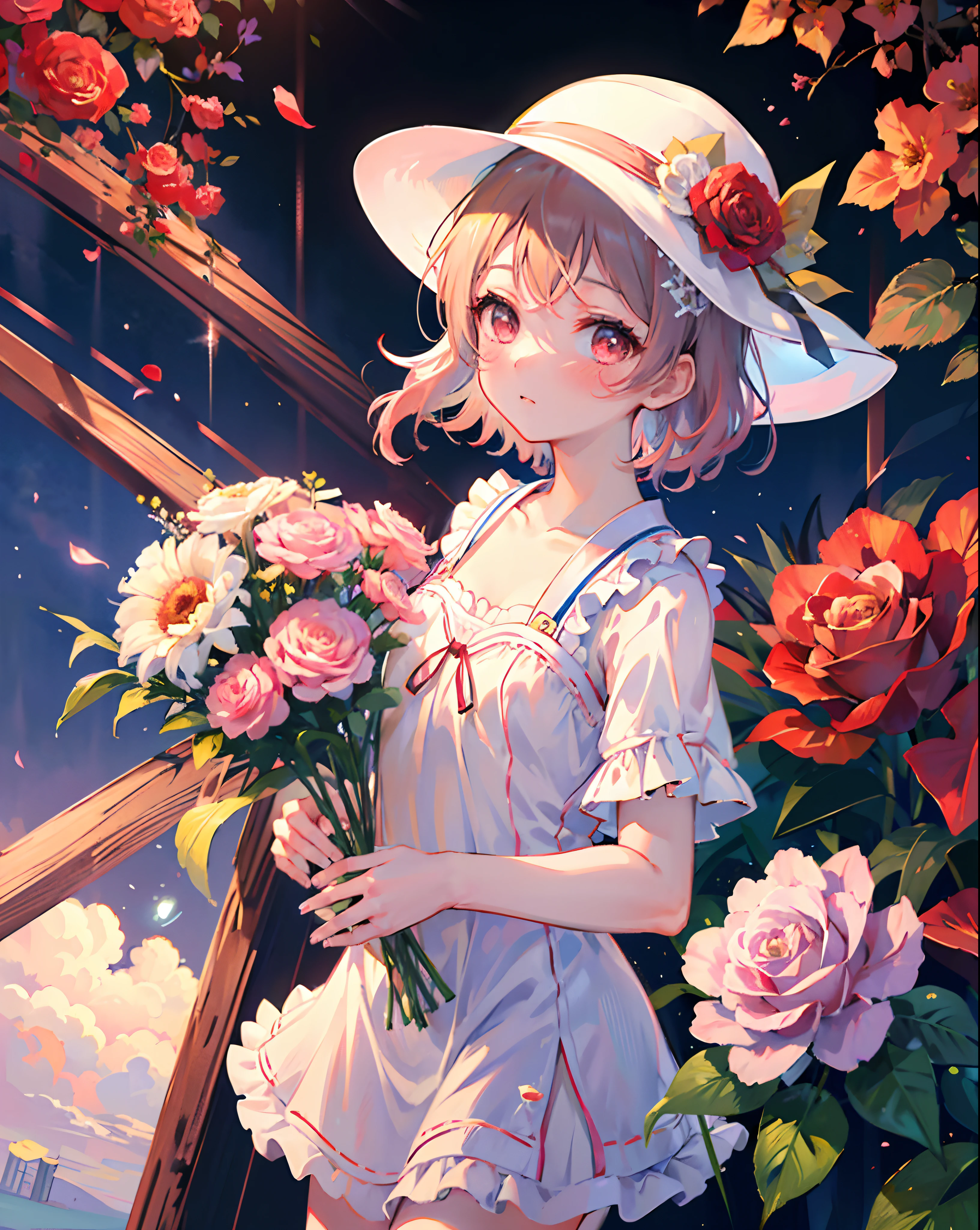((masterpiece, best quality)), 1girl, Watanabe You (\lovelive\)), hide hand, flower, solo, dress, holding, sky, cloud, hat, outdoors, bangs, bouquet, rose, expressionless, blush, pink hair, flower field, red flower, pink eyes, white dress, looking at viewer, midium hair, holding flower, small breasts, red rose, holding bouquet, sun hat, white headwear, depth of field
