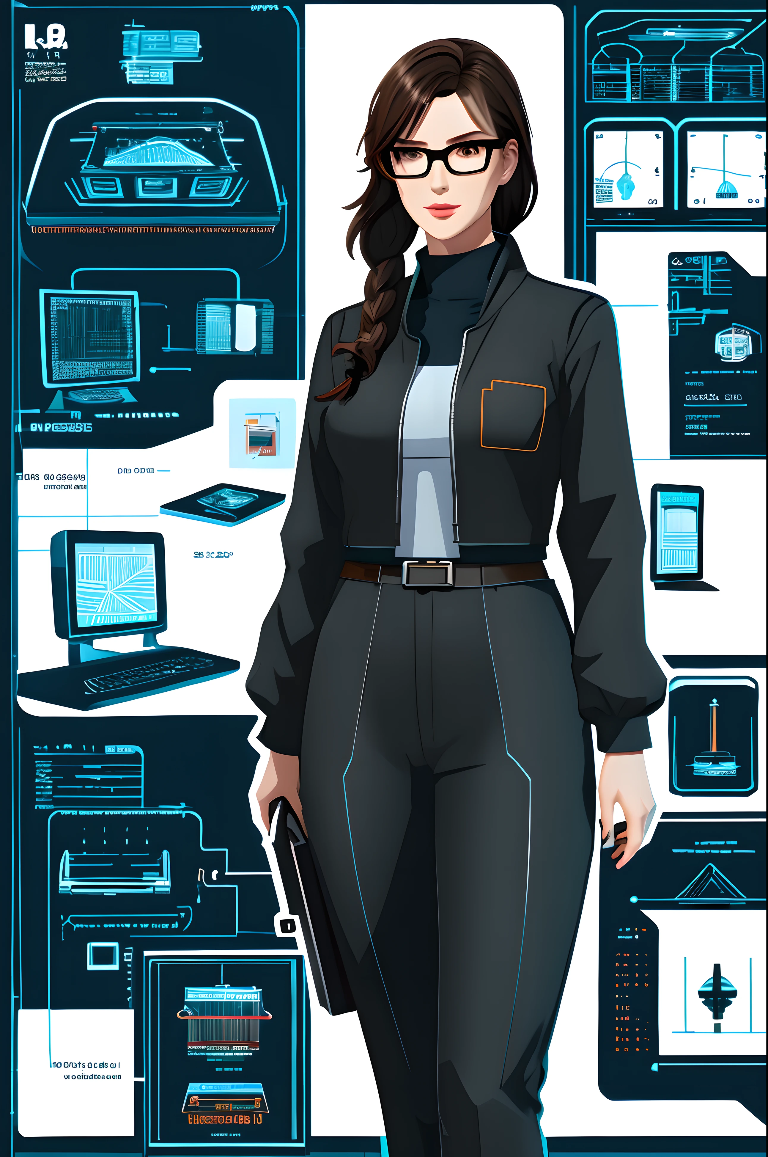 35 year old anime woman with dark brown hair with light highlights tied in a ponytail, wearing square glasses, in a technological spy style, in her laboratory decoding passwords on her computer, with drawings of schematics and graphs on the walls, with a cyberpunk atmosphere out there. She is wearing spy-style clothing. The image must be in full HD, 8k ultra|full figure, vibrant color vector, and a full body panoramic scene