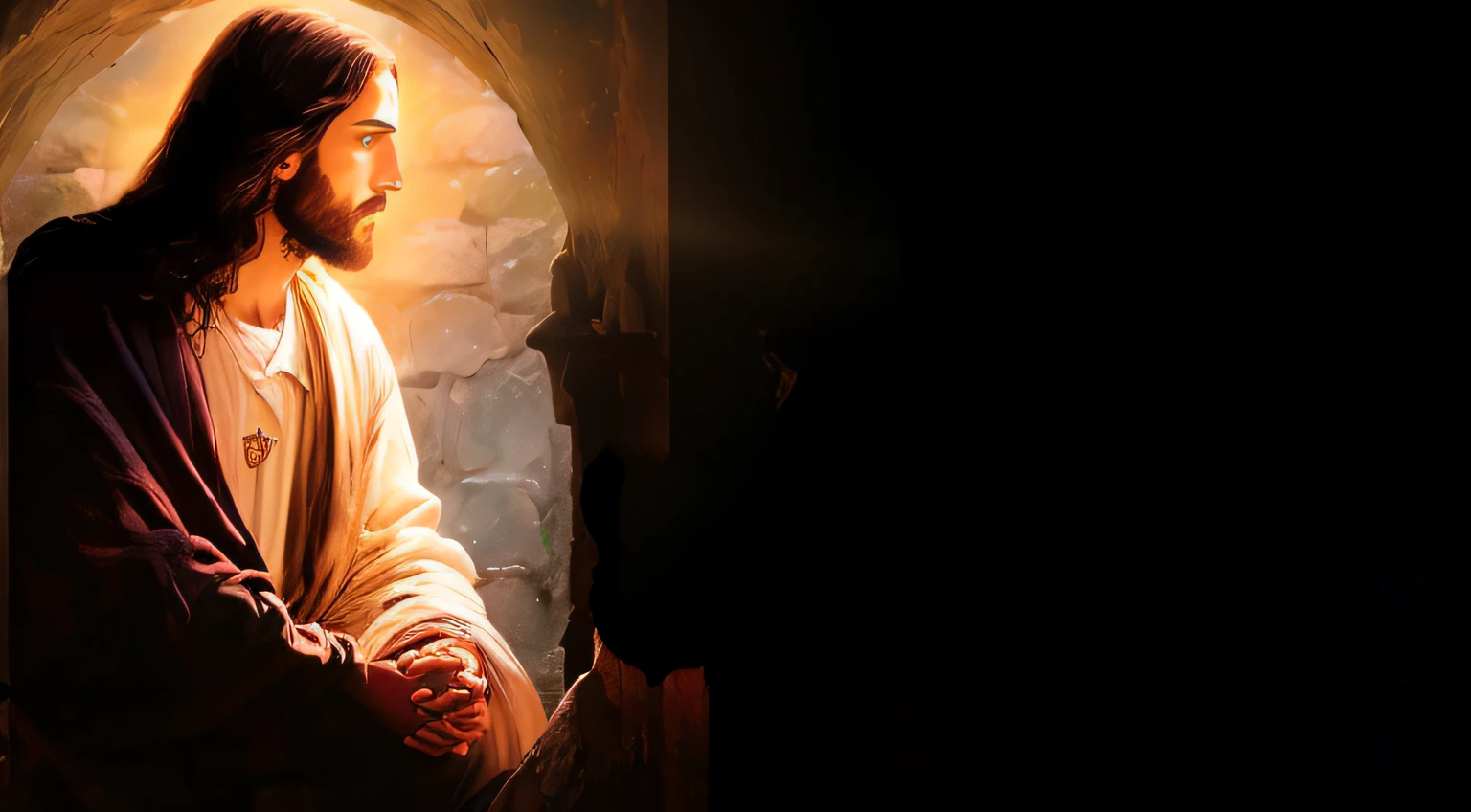 Jesus sitting in a doorway with his hands folded in prayer, Jesus Cristo, Obra-prima da luz brilhante, Jesus, O Senhor e Salvador, header, Jesus segurando um gato bonito, fan art, Luz gloriosa, Imagem incrivelmente composta, jesus of nazareth, foto de retrato, olhando para a frente, Deus olhando para mim, fundo interessante, beautiful image ever created, Directed by: Bernard Meninsky