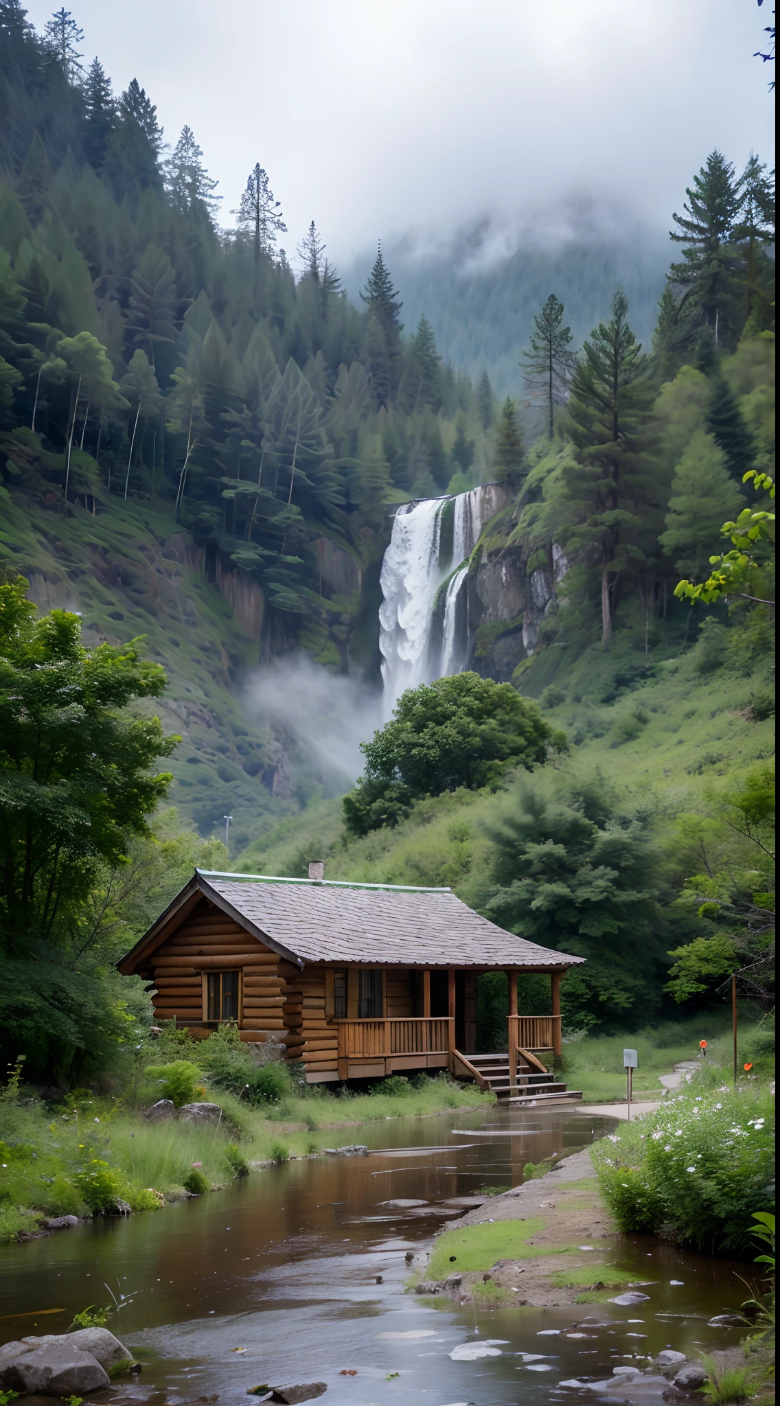 (best quality,4k,8k,highres,masterpiece:1.2),ultra-detailed,(realistic,photorealistic,photo-realistic:1.37),Alps on a rainy day,rainy mountain scenery,overcast sky,foamy clouds,misty atmosphere,wet rocks,green vegetation,flowing streams,cascading waterfalls,dense fog,ethereal ambiance,mysterious shadows,soft natural lighting,colorful umbrellas,hiking path leading into the distance,isolated cabin in the woods,natural tranquility,serene and calm mood,faint sound of raindrops,cool and refreshing air,reflective puddles on the ground,dramatic and moody composition,peaceful and secluded environment,hint of melancholy,subtle splashes of color in the landscape,fresh and vibrant colors,foggy peaks in the background,deep sense of depth and perspective.